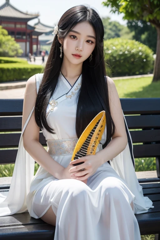 The background is the ancient Chinese palace, Comic Style, One was wearing a long white dress, Costume, Gauze skirt, Black long hair, Black-eyed young girl, Veiled below the nose, Holding a pipa in his arms, Sit on a bench, UHD