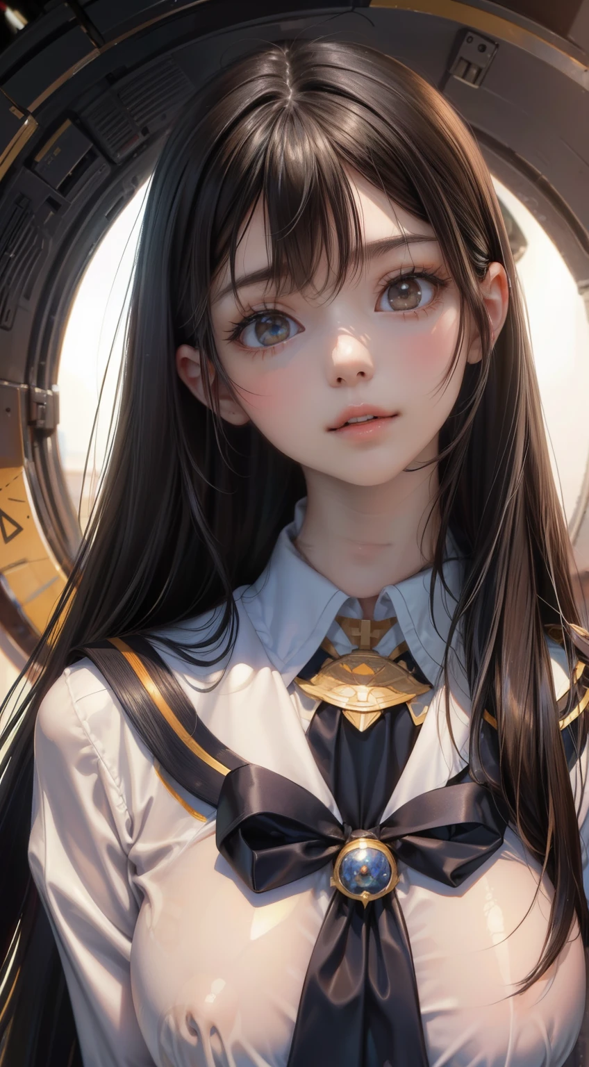 1 girl,(Highly detailed skin)、Best image quality,surrealist portrait,(8k),Ultra-realistic,最high quality, high quality, High resolution, high quality texture,Attention to detail,beautiful,become close,Highly detailed CG,become closeテクスチャー,Realistic expression,masterpiece,Presence,dynamic,bold),Long Hair,(Very thin hair),(Very soft hair),(Super Straight Hair:1.5),流した長いbangs,Hair above one eye.Black Hair、bangs、Look forward、Looking at the audience、Two-dimensional beautiful girl、Black Hair、Long Hair、bangs、Smile of the Goddess、Cute Smile、Two-dimensional beautiful girl、I、Wear a sailor uniform、Large nipples are erect
