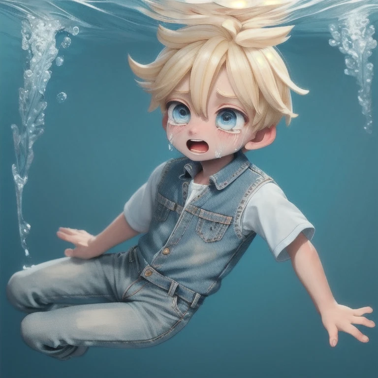 1boy blonde hair blue yellow shirt blue jeans blue shoes White skin Drowning crying face 