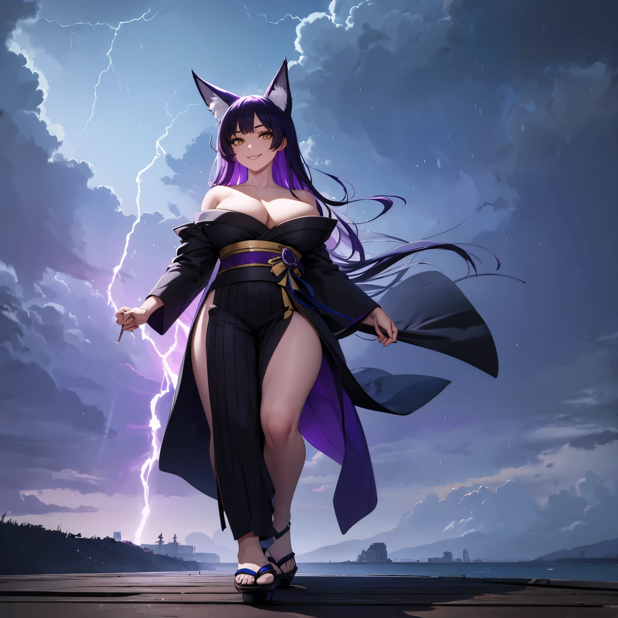 A woman wearing a traditional black yukata, traditional Japanese shoes, bare shoulders, large breasts, yellow eyes, dark purple hair, long hair, kitsune ears, walking in an open area with a cloudy sky. sky with storm, purple lightning in the sky giving purple lightning in the sky, full body, smiling, drop shadow, atmospheric perspective, flourish, 8k, super detail, accurate, best quality, UHD, anatomically correct, textured skin, high quality, high resolution , best quality (solo woman)
