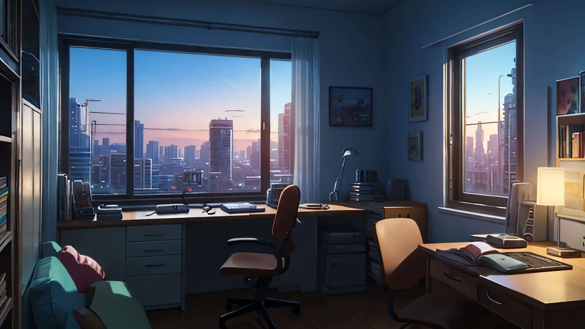 3d animation cinematic still of a cozy room, big windows with city view at night, crested moon, melancholic, sad vibes, bed is unmade, computer desk, cluttered with the mismatched furniture, The otaku style posters on the walls and the guitar in the corner,in style of Pixar, Disney, vaporwave, girl with headphone study on the desk
