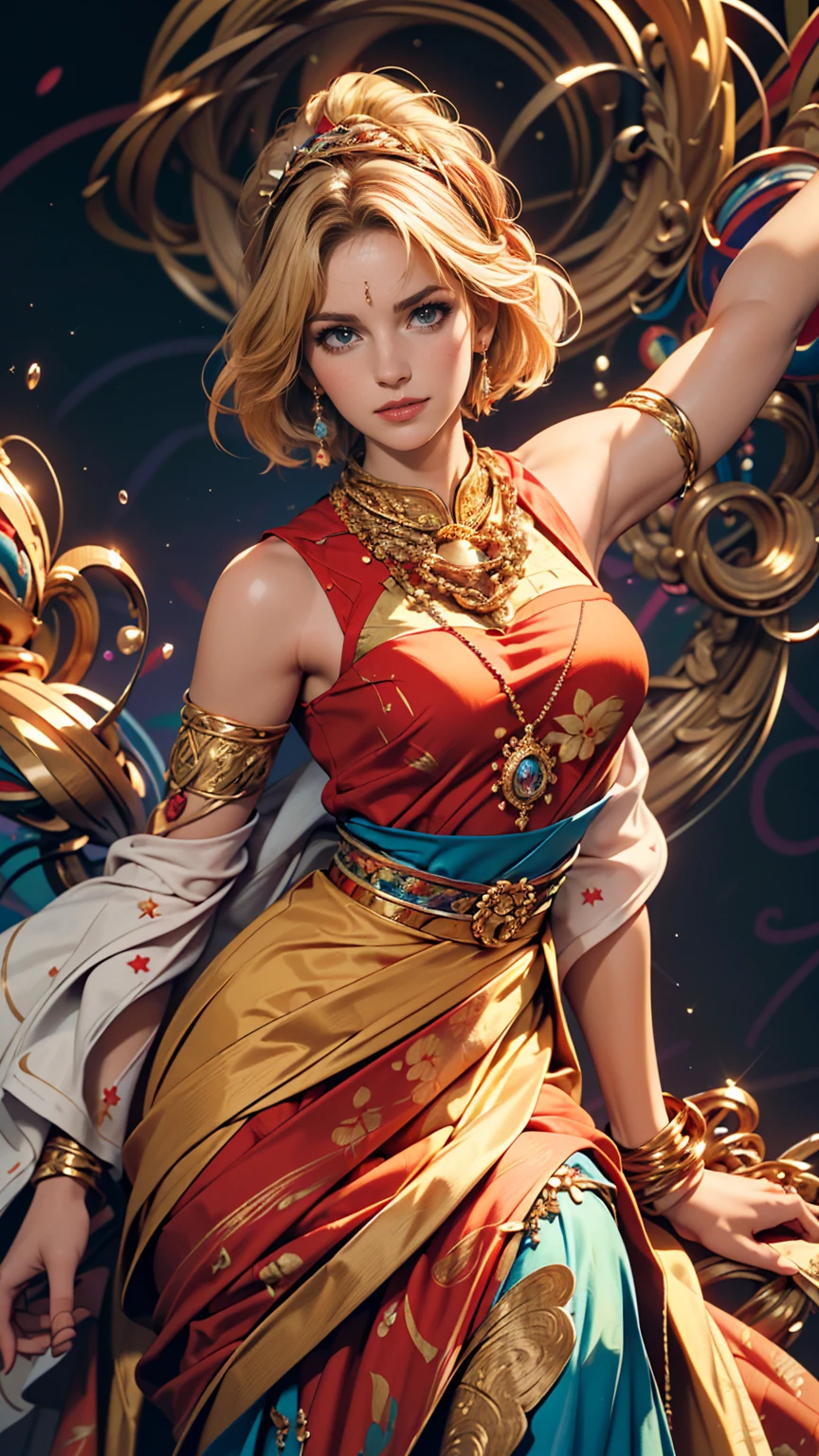 (masterpiece, highest quality, highest quality, Official Art, beautifully、aesthetic:1.2), (One girl:1.3), Very detailed,(Fractal Art:1.2),colorful,Most detailed,(Tangled:1.2), (Dynamic pose), (Abstract background:1.5), (Traditional Costume:1.2), (Shiny skin), (Many colors:1.4),