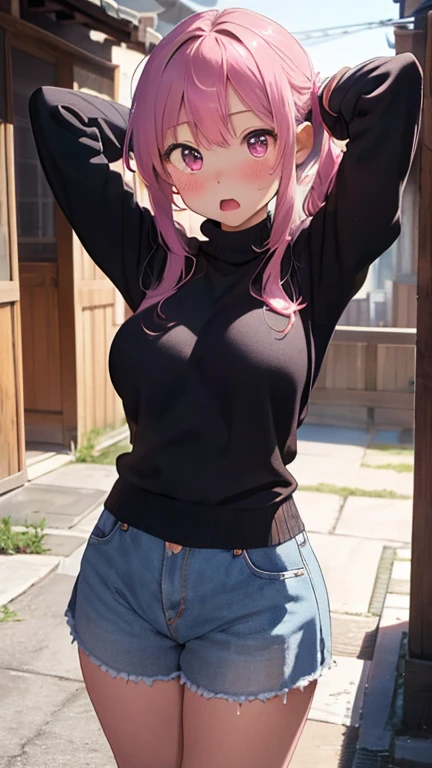 masterpiece、highest quality、Very detailed、Photograph the upper body、1 female、(Put your arms behind your back:1.4)、Are standing、Turn your body forward、View your viewers、(sweater)、break,blush、shy、Pink Hair、Open your mouth、living、Big Breasts、
