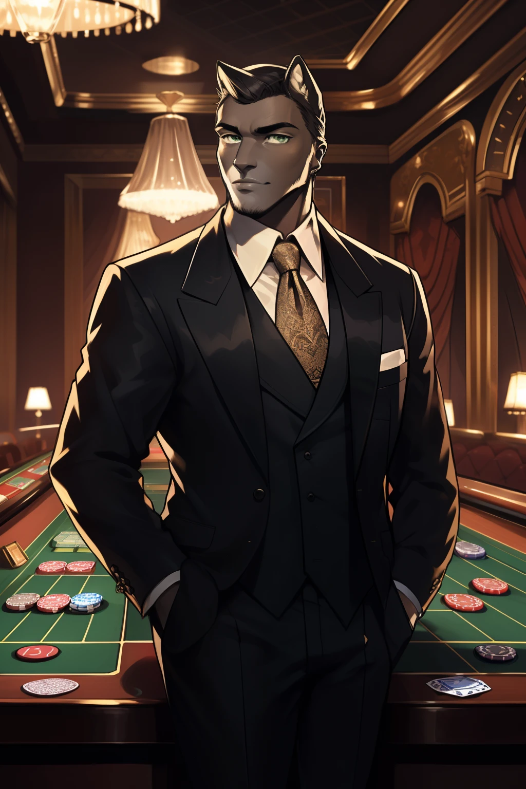 (Gambling game's Q version series character, wearing a sleek and tailored suit) --s2

This sophisticated character exudes an air of confidence and mystery as he stands before a green felt table, the soft glow of casino lights illuminating his chiseled features. His suit is impeccably pressed, the fabric a deep, rich hue that contrasts beautifully with the bright lights of the gambling hall. His eyes, sharp and focused, are framed by long, thick lashes, and his lips are curved in a subtle, knowing smile. The detail of the suit's fabric and stitching is intricately rendered, every crease and fold expertly modeled. The