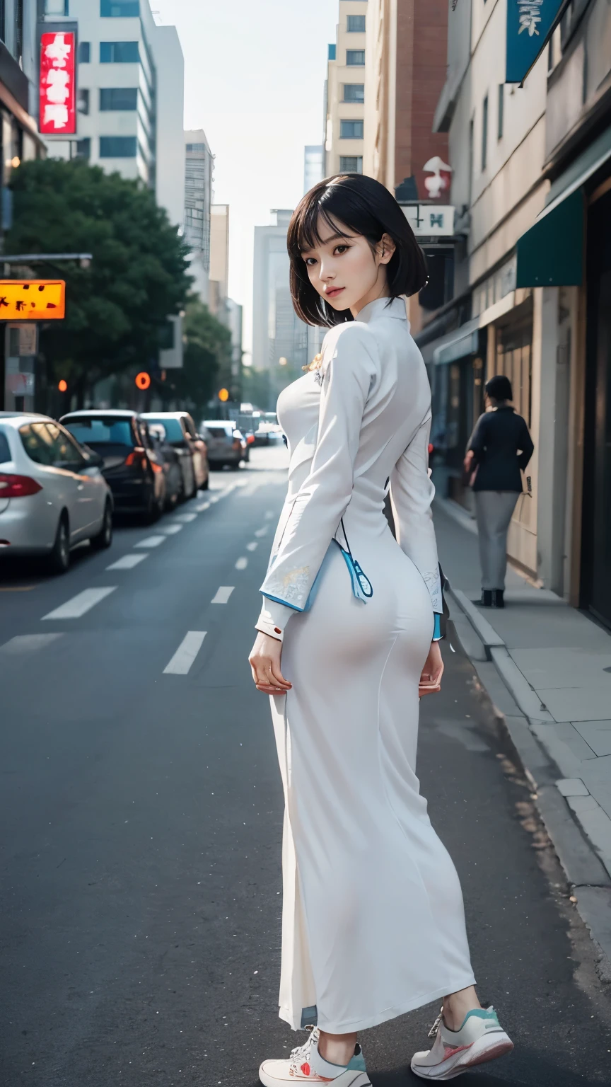 (((Backwards:2.0, Face your buttocks towards the camera:2.0, Accentuate your butt:2.0, Standing posture:1.5))), (((Clothing:2.0, panties under maxi length ao dai:2.0, sneakers:1.8))), ((Streetscape:1.5)), 1 Girl, solo, ((Short Hair:1.2, A grin:1.2)), 18-year-old, 7 heads, Ideal body proportions, Black Hair, With bangs, Small breasts, slender, Small Ass, Beautiful feet, Skinny Legs, Surrealism, Cinematic Lighting, Depth of written boundary, First Person View, F/1.8, 135mm, Ticker, Mastepiece, Curate, ((Anatomically correct:1.3)), Textured skin, Super Detail, High detail, High quality, Awards, Best Quality, High resolution, 8K