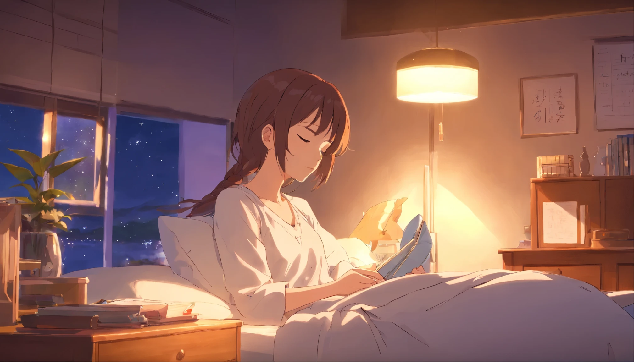 (Peaceful Dreams,夜のTranquility,Tranquility,peaceful sleep),(highest quality,Very detailed,Realistic),(Painting),(Shining Star,Gentle moonlight),(Soft pillow,Comfortable bed,Dreamy atmosphere),(Tranquility,Luxurious sleep),(Peaceful and serene),(Subtle colors,Dark and warm tones),(Soft and diffuse lighting)