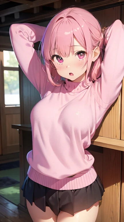 masterpiece、highest quality、Very detailed、Photograph the upper body、1 female、(Put your arms behind your back:1.4)、Are standing、Turn your body forward、View your viewers、(pink sweater)、break,blush、shy、Pink Hair、Open your mouth、living、Big Breasts、