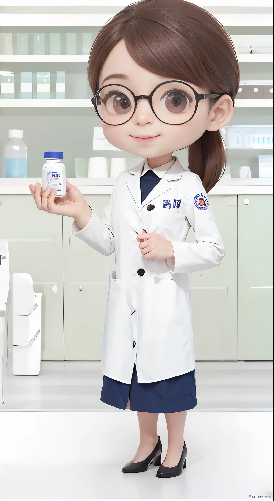 A cute and pretty female doctor in her thirties, wearing glasses with big eyes, is holding up a medicine bottle to show the label "DDV" on it. She has short brown hair, a white coat, a blue skirt, black high heels, and a simple background of a clinic interior. The character design is in the style of Pixar with a Disney animation style and a cartoon character illustration.