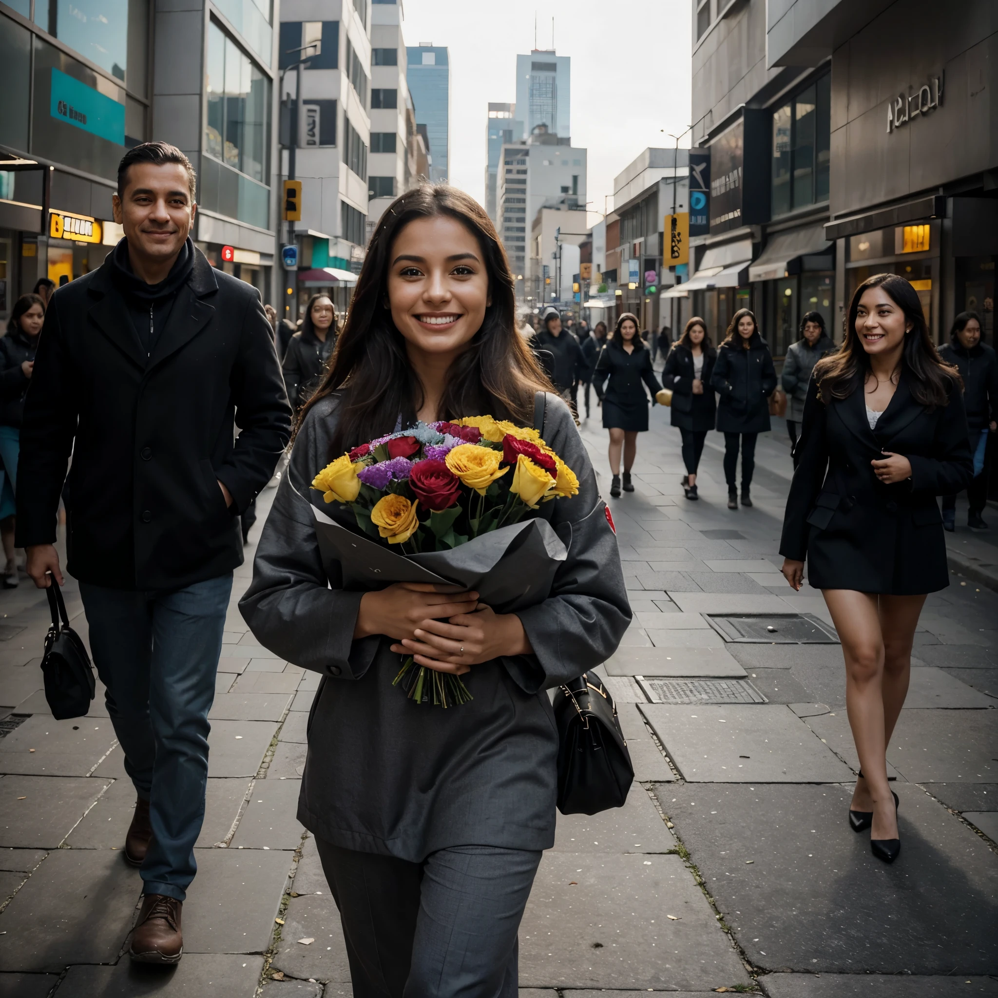 A dark and gray city is seen, with tall buildings and people walking through the streets with sad and discouraged expressions. No centro da imagem, a figure stands out - a holding a small bouquet of flowers, com um sorriso radiante no rosto. Ao seu redor, the flowers begin to bloom in vibrant colors, and the people around you start to light up, their faces gaining genuine smiles.