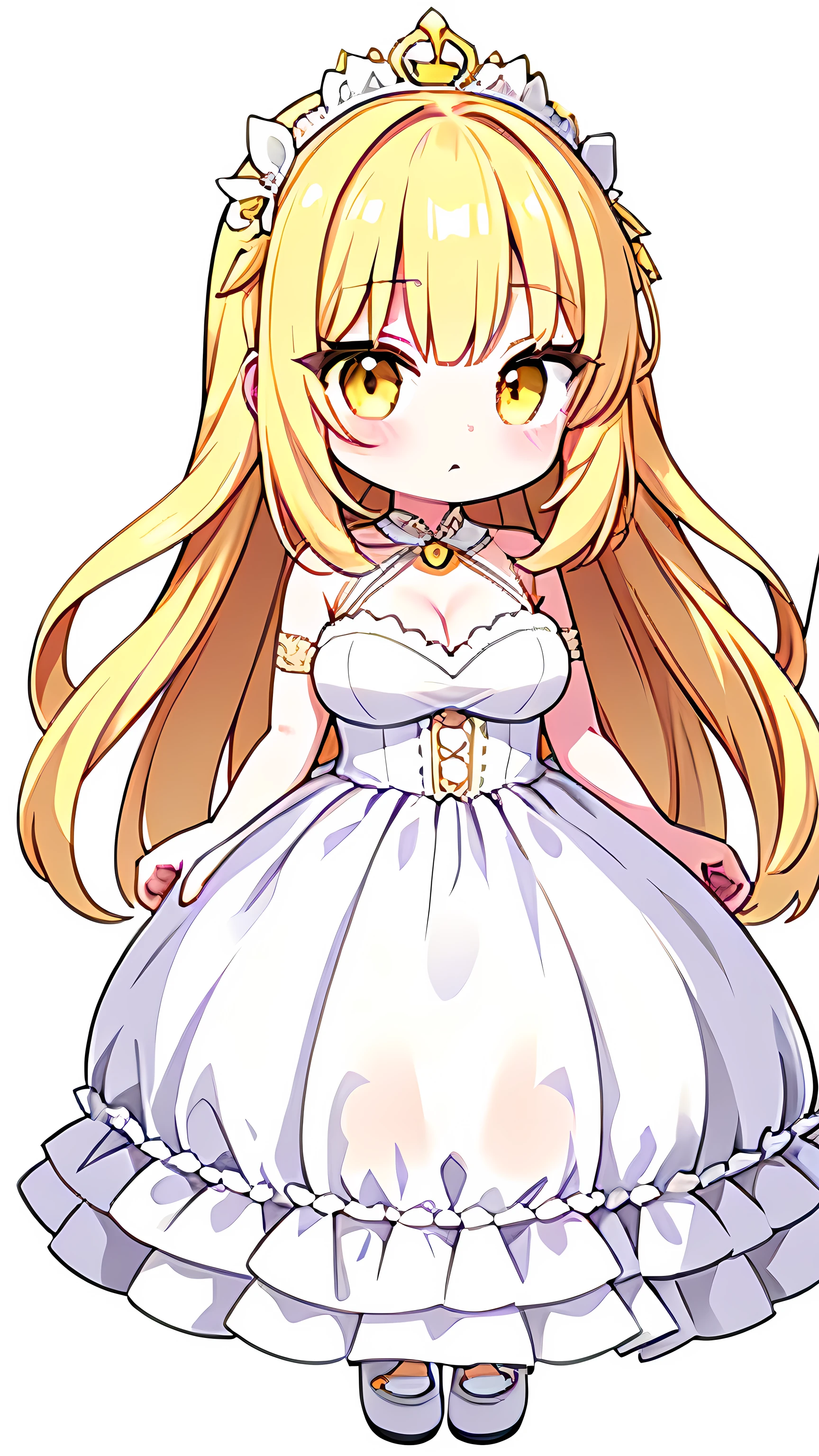 Full body, white background, , short, yellow eyes, yellow long hair, large breasts, cute, baby face, no decorations, simple wedding dress, standing, white background, glass slipper, heart hair accessory