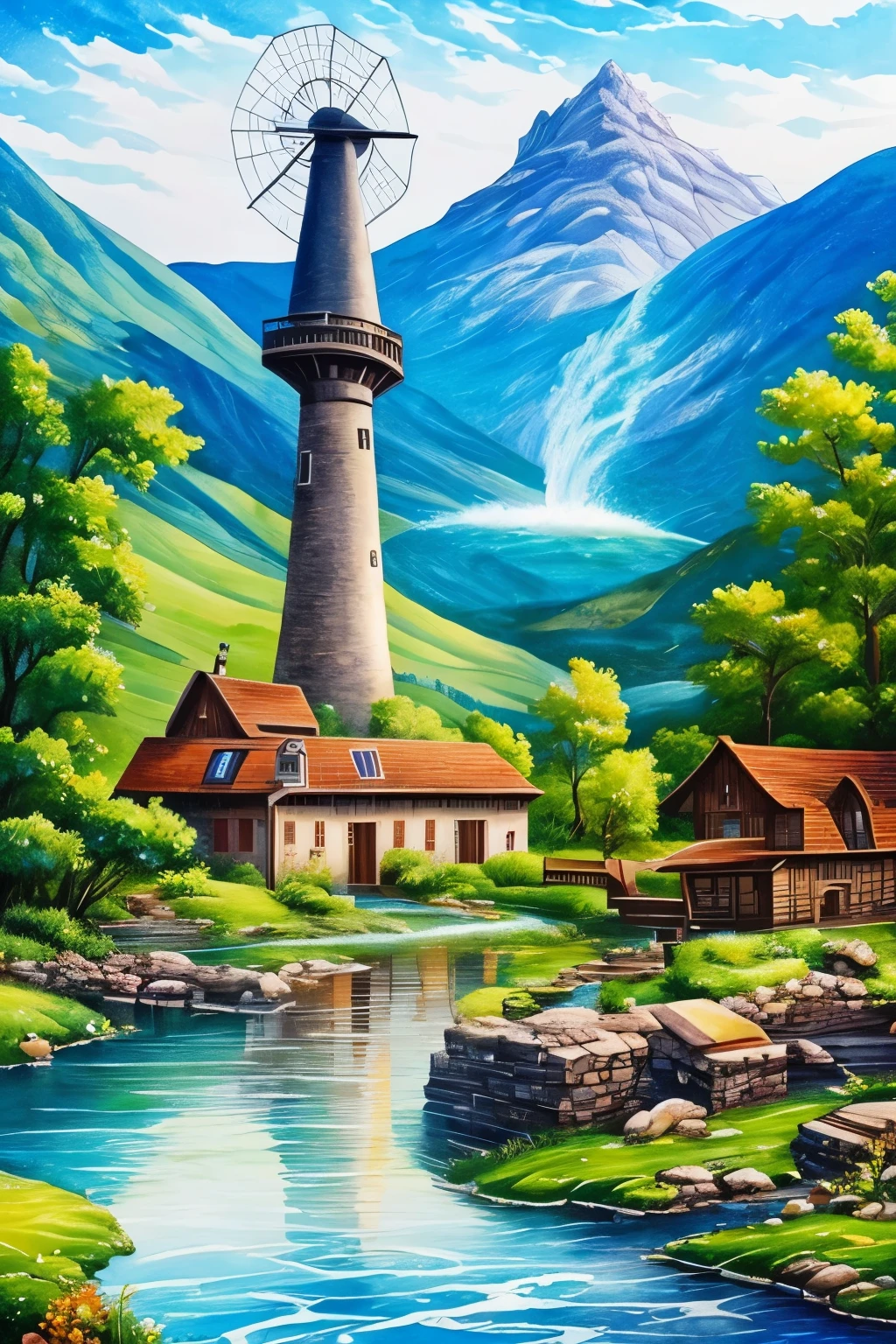 fusion of watercolors and oil paintings, best quality, super fine, 16k, retro windmill tower, windmill made of silver, mirrors, lenses and glass for solar power generation, retro watermill, natural geothermal hot spring surrounded by riverside stones, steam, room lights, natural power plant, dusk, mountain with snow still remaining on its peak, river, grassland, painting style Grimm, Andersen, Aesop