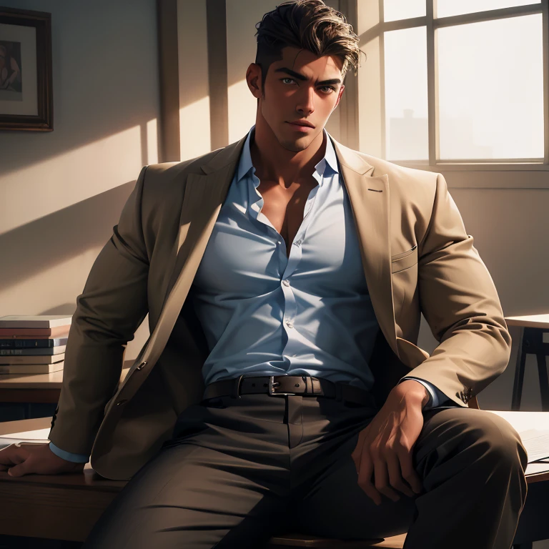 Portrait from the student's pov of a male teacher sitting on top of his desk, handsome man, Mexican, latino features, casual style, fitted pants, stylish button-down shirt, sleek sneakers, detailed eyes, attractive lips, well-groomed hair, ((light brown skin)), soft beautiful lighting, dramatic lighting, extremely detailed eyes and face, natural skin tones, vivid colors, studio lighting, high definition (4k, 8k), photorealistic finish, ultra-fine details, confidence, attraction, relaxed yet confident posture, essence of the modern man, chic accessories, refined details, dapper gentlemen, high-quality fabrics, fashionable labels, perfectly fitted jackets, timeless elegance, sharp and clean lines, distinguished look, realistic, photo-realistic (1.37), HDR, ultra-fine painting, physically-based rendering, muscular, hot, sexy, dominant, best quality, master piece:1.2, full body shot, school board behind, modern school.