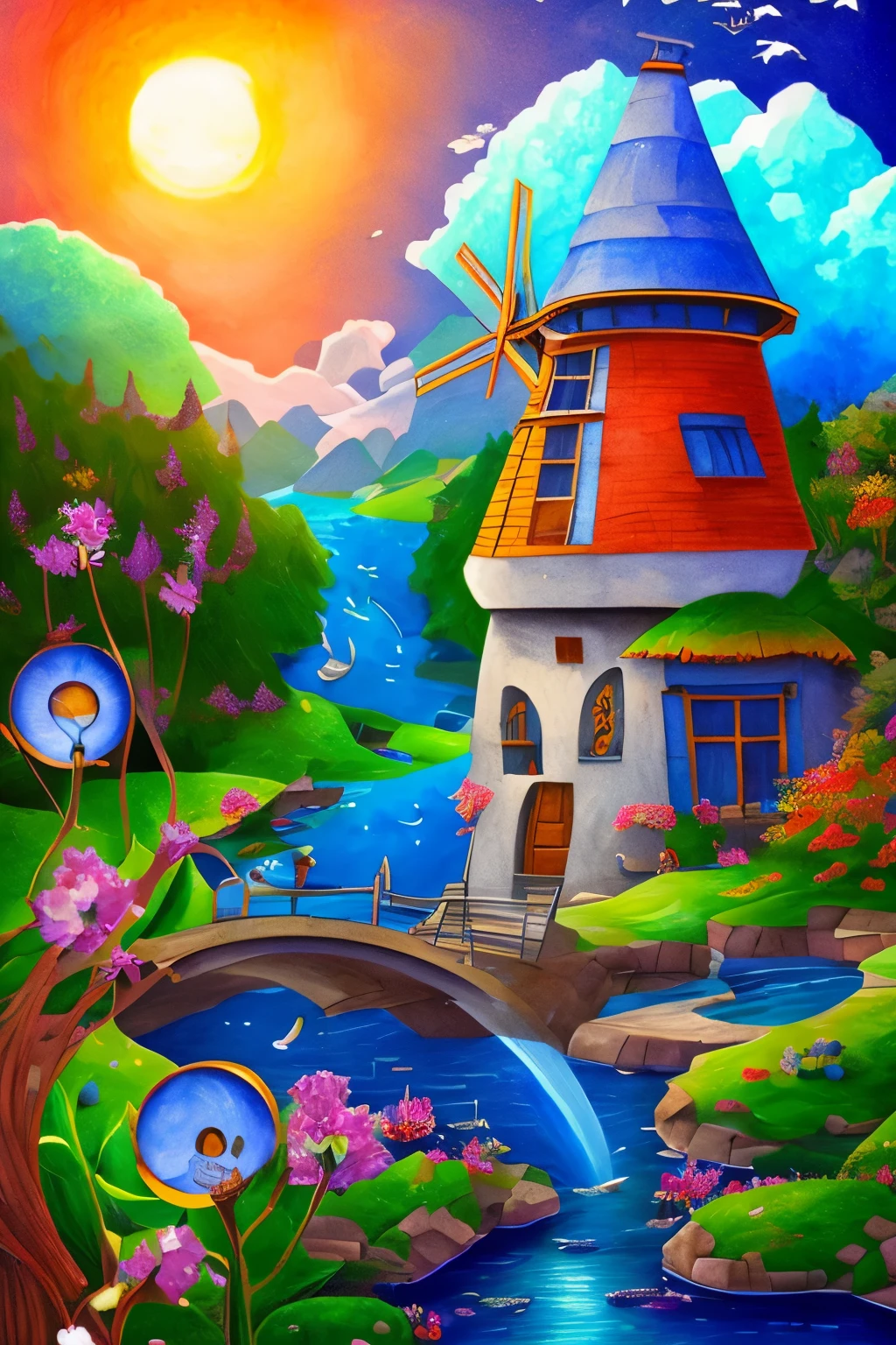 fusion of watercolors and oil paintings, best quality, super fine, 16k, retro windmill tower, windmill made of silver, mirrors, lenses and glass for solar power generation, retro watermill, natural geothermal hot spring surrounded by riverside stones, steam, room lights, natural power plant, dusk, mountain with snow still remaining on its peak, river, grassland, painting style Grimm, Andersen, Aesop
