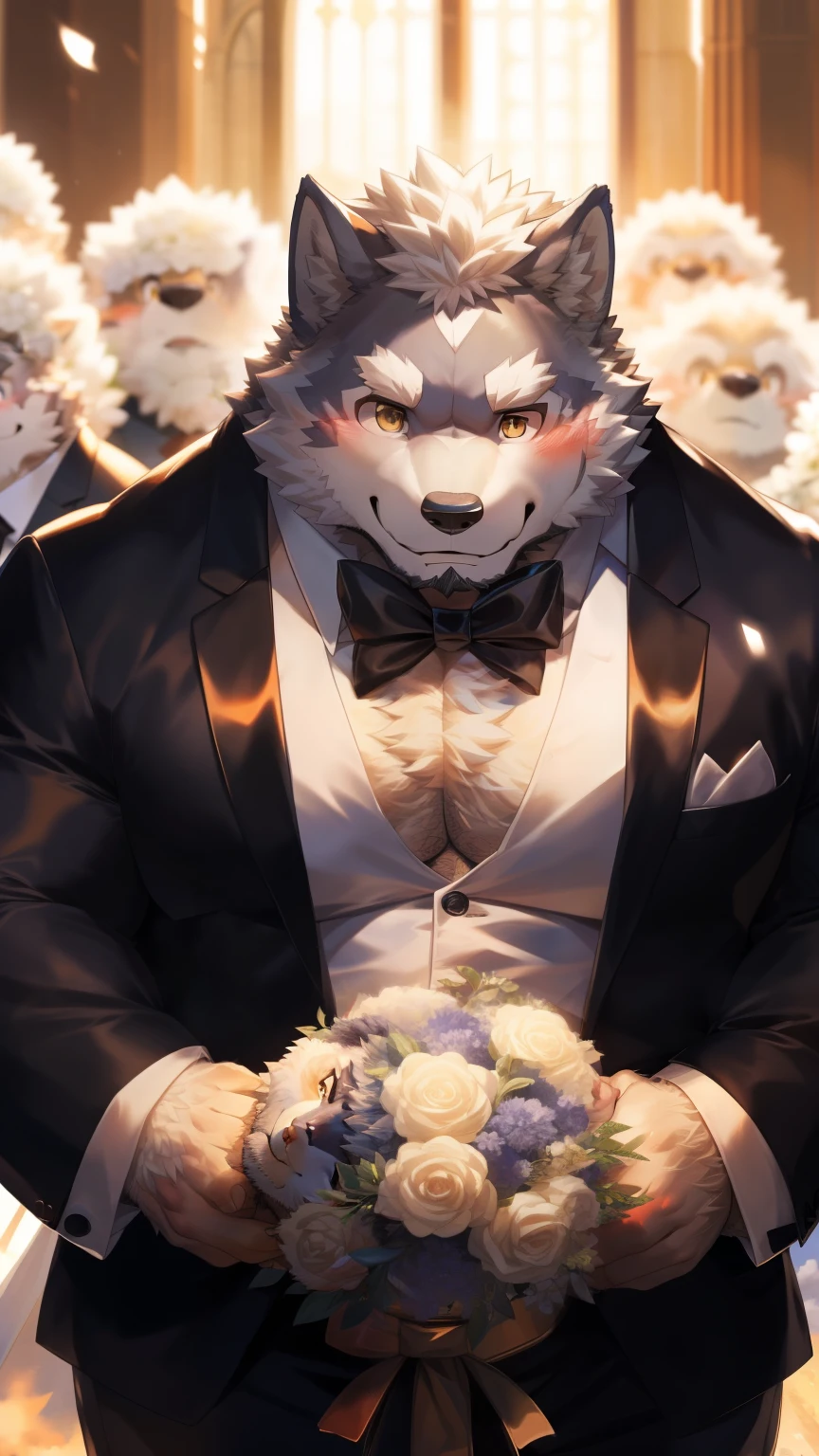 Solitary, anthropology, hairy, hairy male, Wolf, ((Fluffy fur, Fluffy, hairy body)), (Wolf印), (short beard), youth, Gray body, muscular, White, Big muscles, Golden pupils, Tail, deTailed face, Fundos, bridegroom, (Black suit suit), (Black bow tie), Holding a bouquet of white flowers, 害羞的站在church门前, deTailed Fluffy fur, deTailed face, Look up at the audience, majestic, barbarous, A faint smile, Blushing, Strong, church, White dove, (Top view from the front), (through empty ghost, From wolf26, masterpiece, high quality, high resolution,8k), permanent, Full body portrait, outdoor, 