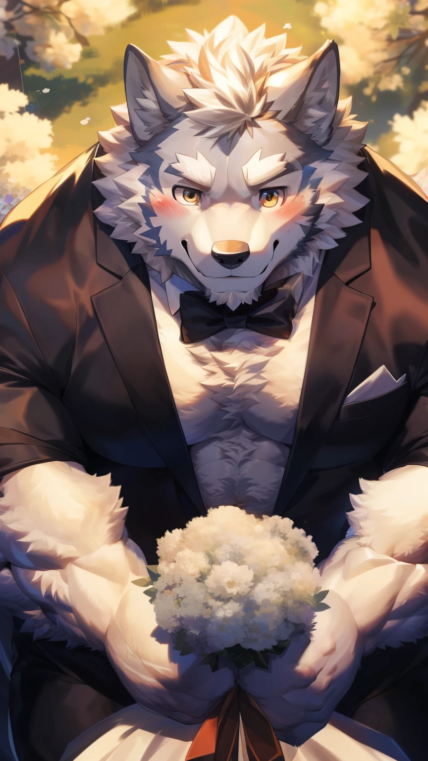 Solitary, anthropology, hairy, hairy male, Wolf, ((Fluffy fur, Fluffy, hairy body)), (Wolf印), (short beard), youth, Gray body, muscular, White, Big muscles, Golden pupils, Tail, deTailed face, Fundos, bridegroom, (Black suit suit), (Black bow tie), Holding a bouquet of white flowers, 害羞的站在church门前, deTailed Fluffy fur, deTailed face, Look up at the audience, majestic, barbarous, A faint smile, Blushing, Strong, church, White dove, (Top view from the front), (through empty ghost, From wolf26, masterpiece, high quality, high resolution,8k), permanent, Full body portrait, outdoor, 