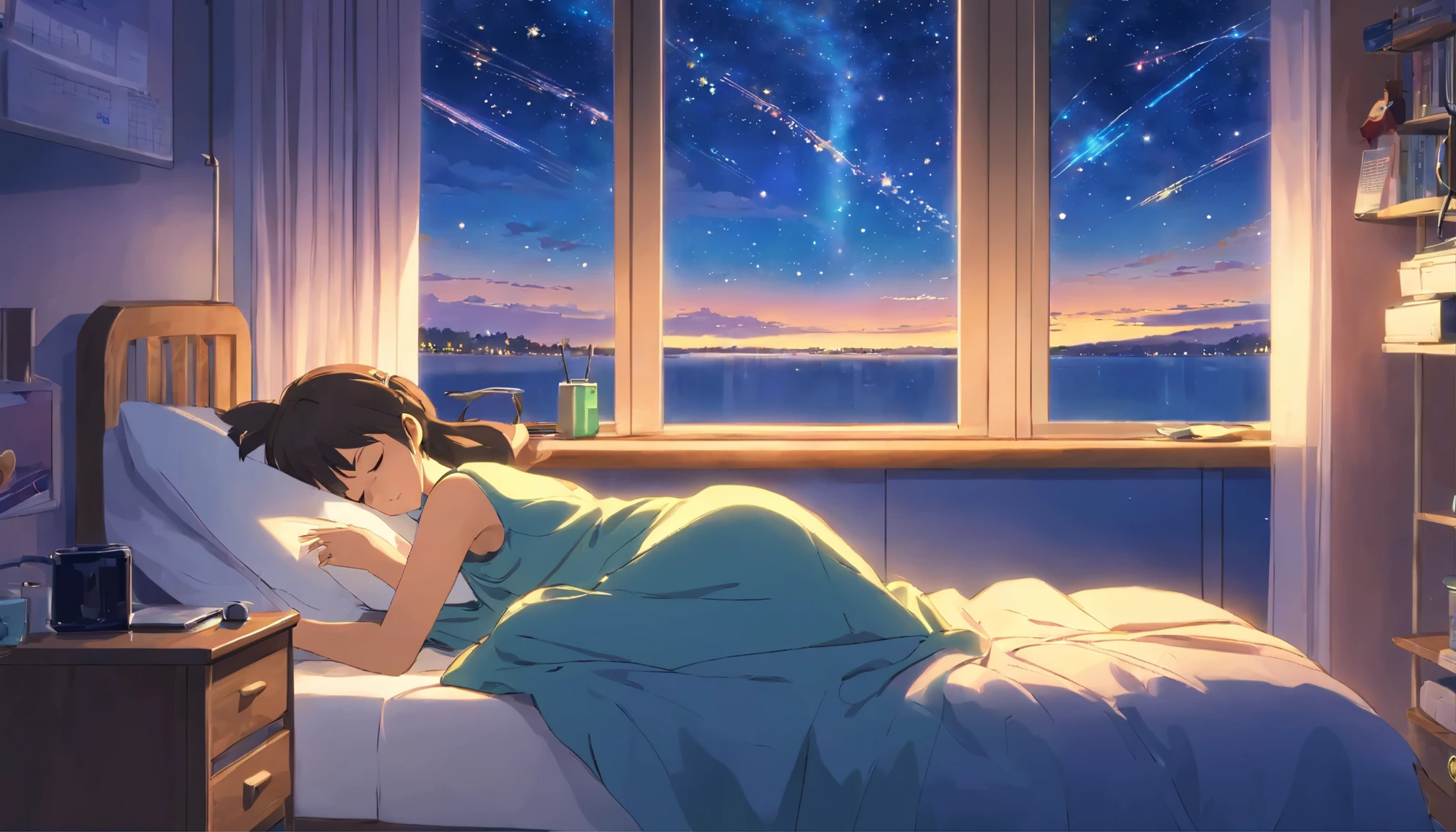 ((Bedside window, Large windows, Girl sleeping in bed, Big night sky), Many Stars, Headphones, Smartphone in hand)