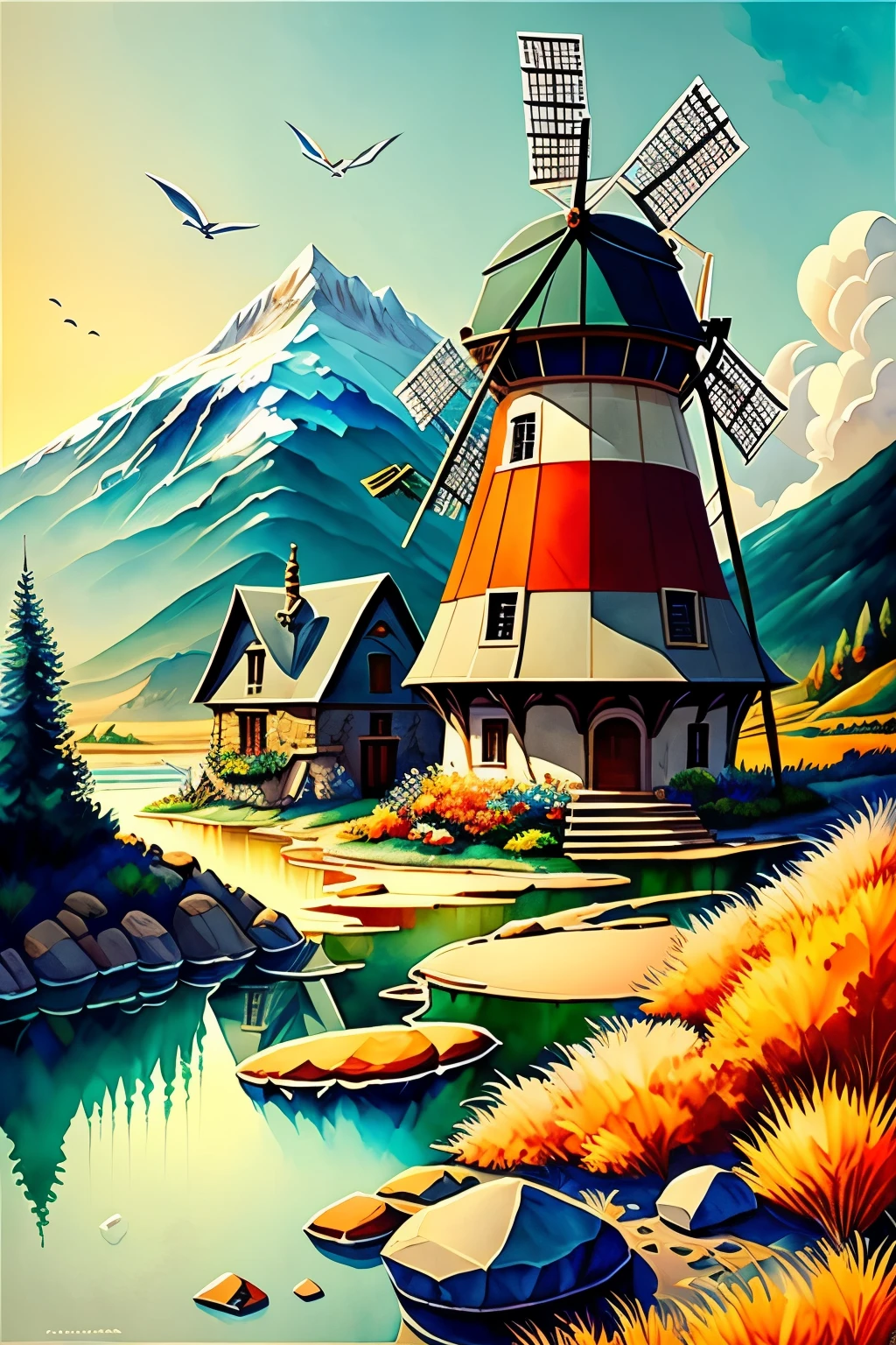 fusion of watercolors and oil paintings, best quality, super fine, 16k, retro windmill tower, windmill made of silver, mirrors, lenses and glass for solar power generation, retro watermill, natural geothermal hot spring surrounded by riverside stones, steam, room lights, natural power plant, dusk, mountain with snow still remaining on its peak, river, grassland, painting style Grimm, Andersen, Aesop