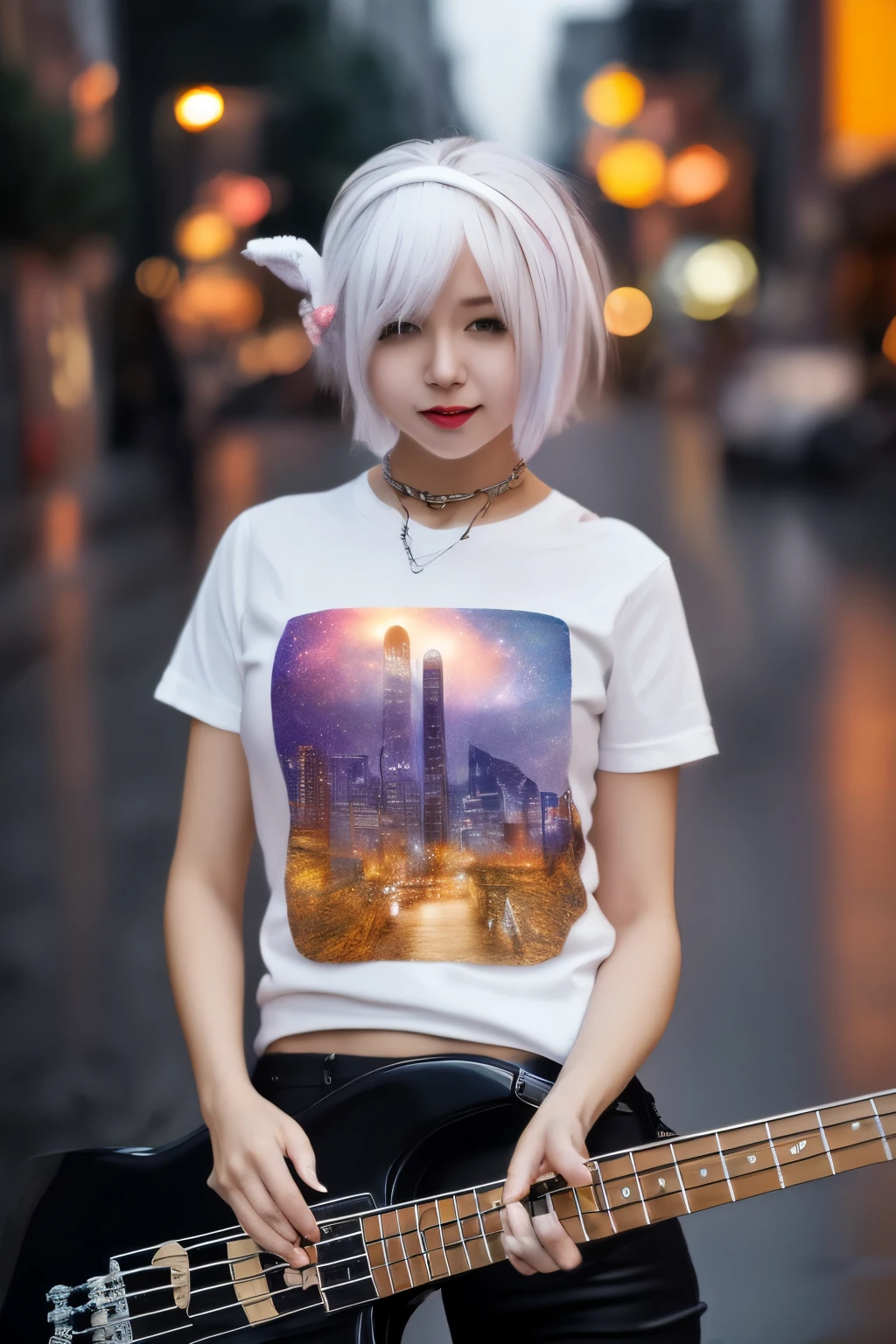 ((highest quality)), ((masterpiece)), (detailed), Perfect Face A girl playing the bass guitar of Atelier Z with her head down City night rock metal White Hair Band T-shirt Landscape rain Night City Dark angel