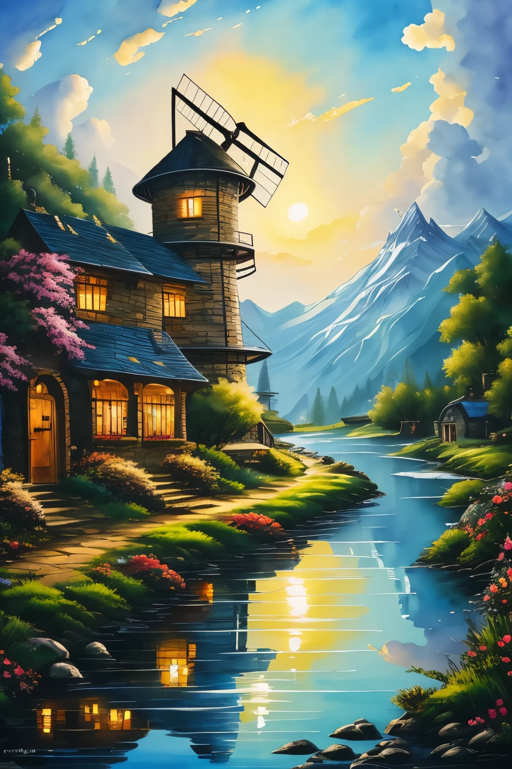 fusion of watercolors and oil paintings, best quality, super fine, 16k, retro windmill tower, windmill made of silver, mirrors, lenses and glass for solar power generation, retro watermill, natural geothermal hot spring surrounded by riverside stones, steam, room lights, natural power plant, dusk, mountain with snow still remaining on its peak, river, grassland, painting style Grimm, Andersen, Aesop