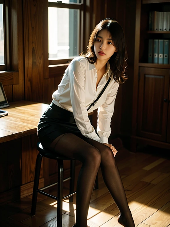 One girl,Young girl, Shiny skin,Medium chest,Beautiful leg lines:1.3, Narrow waist,, Knee socks,tie,((Pencil Skirt)),View your viewers,From below,( pantyhose:1.3),(Golden ratio numbers),(office, Sit on a chair:1.3),Close-range masterpiece, highest quality, The best vantage point, Very detailed and intricate, Very delicate and beautiful, highest quality light, (Ray Tracing:1.1), Anti-aliasing,
Realistic,photoRealistic,Award-winning illustrations,(Intricate details:1.2),(Delicate and detailed) (Intricate details),(Cinematic Light,highest quality Backlights),Clear lines,Sharp focus,Official Art,unity 8k wallpaper,Absurd,incredibly Absurd,Large file size,Very detailed,High resolution,extremely detailed Very delicate and beautiful,RAW Photos, Professional Lighting,Dynamic Lighting,Light on the face,Depth of written boundary,Solo Focus, Japanese Foot Center