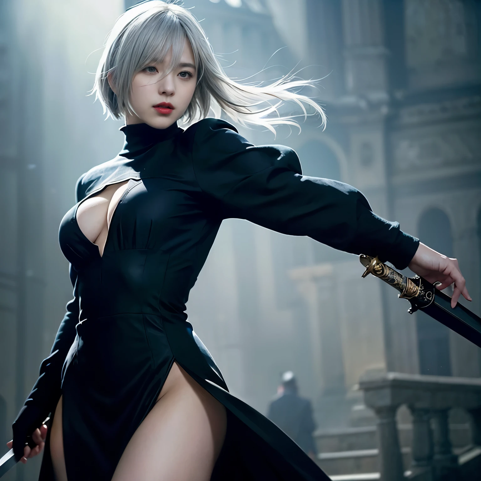 One Girl, oh, (Both of them are blindfolded、Round face), chest, chestの谷間, chestの谷間 cutout, Dress cutout, Old western castle street background, Hair between the eyes, head band, ((A blindfold that completely covers both eyes)), High resolution, Juliet Sleeve, Long sleeve, Nier (series), Nier automata, Fluffy sleeves, Red lips, Lips with raised corners of the mouth, Smiling Lips, Shadow Face, short hair, alone, Turtleneck sweater, whole body, l Blue-white silver hair, null、Wields an intricately designed rapier、((Dynamic attacking scenes))、A blade that emits a dull glow、Slashing Light Trail、The fluttering hem of a skirt、Moderately meaty、Toned thighs、((He is slashing with a sword at a group of men in long black coats.、highest quality、(((Realistic、Realistic:1.37)))、8K quality}},