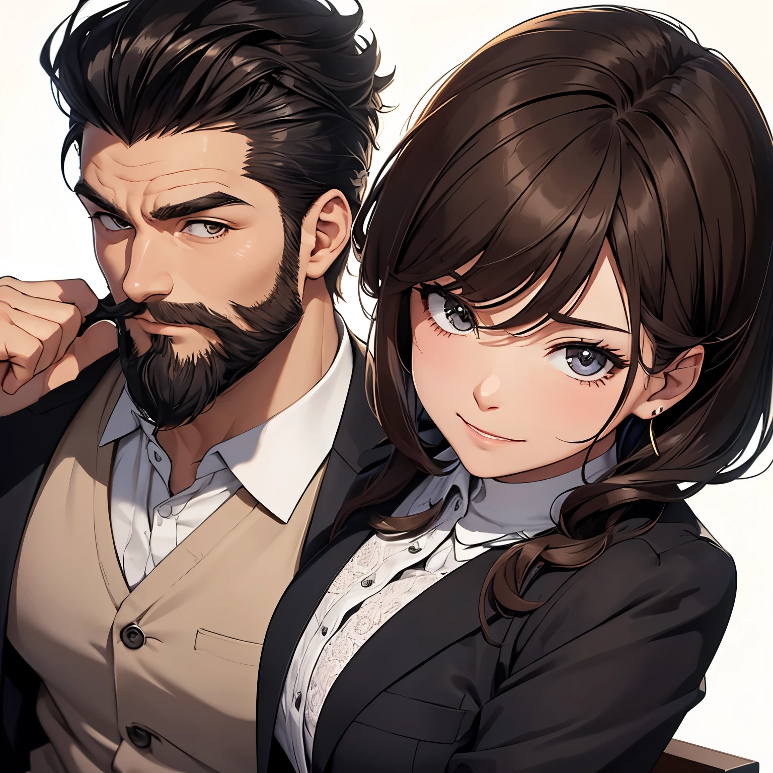 Drawing portrait of a serious 45-year-old man, Much older than the girl, and he is sitting in his office chair with a young girl by his side. The man has black hair combed back in a pompadour style, and the sides are shaved, the length of his hair is short, and has a beard. He wears a vest/suit. The girl is smiling and funny and wears casual clothes. She has long, dark brown hair, fair skin, long brown hair, and is short. And she's making the peace sign with her fingers.