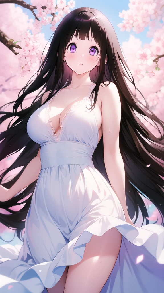 Amazing Chitanda, There is only one beautiful girl,Purple Eyes, Black Hair, Very red face,Very white skin,Glowing skin,Skin as delicate as porcelain,Naturally straight hair, Straight bangs,Extremely refined,Open lips,Long flowing hair,Beautiful Girl, Like a dream,Slim,Slim waist,Soft, (Sensual), (Kawaii), Dream quality,Beautiful big breasts,Half of the areola is exposed,Pink on the chest,There are no clothes on the chest,There are no shoulder straps,White tulle dress,Transparent skirt,The skirt has intricate decorations,The clothes are completely transparent,Clothes that show skin color,The clothes are completely soaked,Deep V neckline,Loose neckline,On the rooftop,靠着Cherry blossoms树,Wind blows up skirt,Hands lift skirt,Flying Butterflies,Cherry blossoms,Bare shoulders,Bare neck,Exposed collarbone,Showing breasts,Show your buttocks,Show your thighs,Exposing the groin,No pants,extremely shy,Ultra-high resolution, (masterpiece:1.2, best quality), (Delicate and beautiful eyes: 1.2), (Beautiful and delicate face)