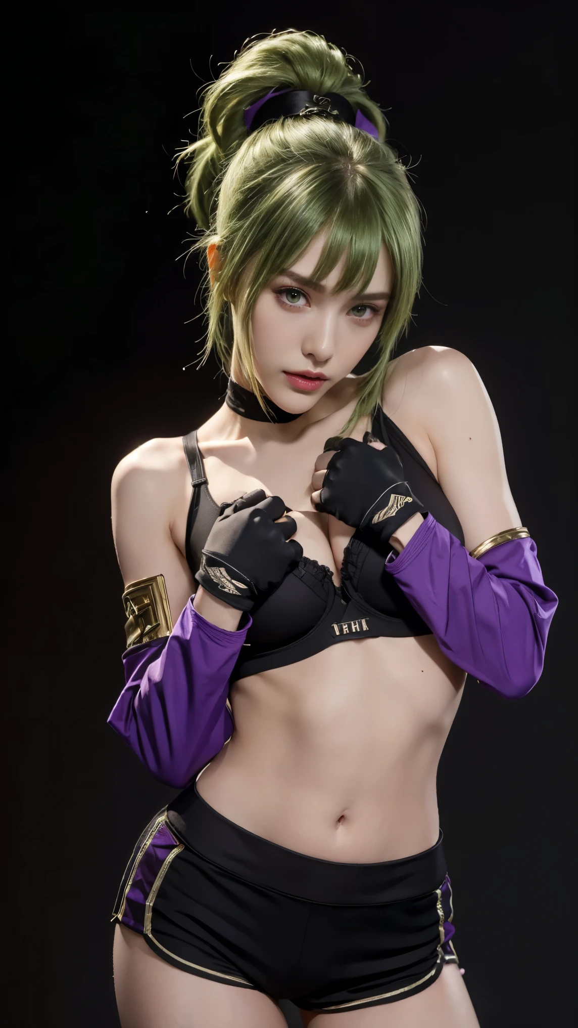 8K, Top Quality, Intricate Details, Ultra Detail, Ultra High Resolution, Masterpiece, close up shot, (full body: 1.1), Slender, Smile, (Makeup: 0.4), (Fluffy purple Eyes: 1.21), (()), 1girl, solo, 1 girl, ((green hair, bangs, high ponytail)), close up shot, , ((tall)), (((fit body))), (((slim face))), sharp face, (()) ,(detailed face), sharp face, small lips, ,
((,sport bra, hot pants, armor, bare shoulders, black gloves, cropped jacket, off shoulder, partially fingerless gloves, purple jacket )), , ((,)),detailed face, detailed breast, , ((large breast, huge breast )), , Narrow Waist, Skinny, tall , 175 cm tall, Muscular, Navel, Exposed Abdomen, Pointed Chest,, Beautiful girl with accentuated slender abs: 1.4, Six Pack Abs: 1.4, Bust Botox, Big, Perfect Body, detail leg, (( dark background)), black background,