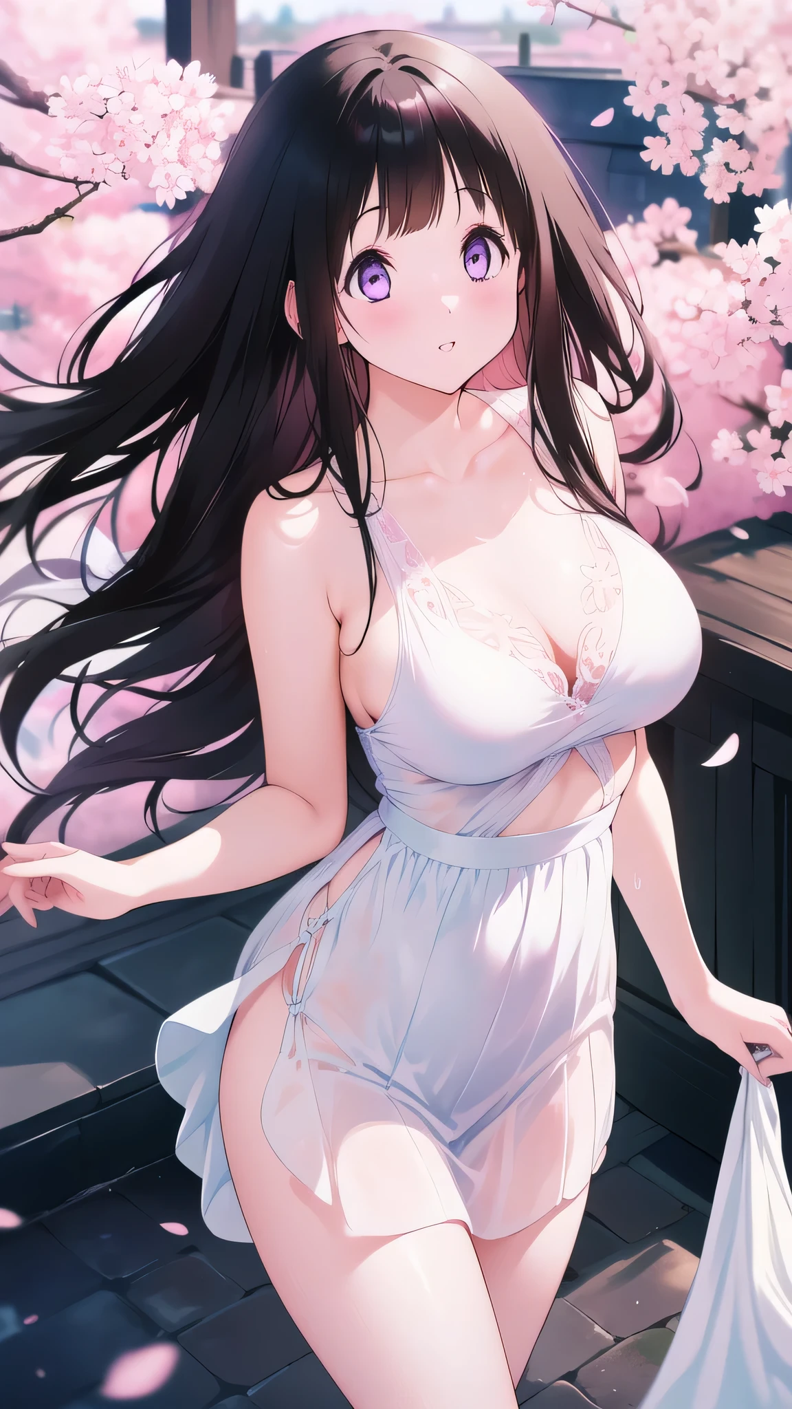Amazing Chitanda, There is only one beautiful girl,Purple Eyes, Black Hair, Very red face,Very white skin,Glowing skin,Skin as delicate as porcelain,Naturally straight hair, Straight bangs,Extremely refined,Open lips,Long flowing hair,Beautiful Girl, Like a dream,Slim,Slim waist,Soft, (Sensual), (Kawaii), Dream quality,Beautiful big breasts,Half of the areola is exposed,Pink on the chest,There are no clothes on the chest,There are no shoulder straps,White tulle dress,Transparent skirt,The skirt has intricate decorations,The clothes are completely transparent,Clothes that show skin color,The clothes are completely soaked,Deep V neckline,Loose neckline,On the rooftop,Leaning against the Cherry blossoms tree,Wind blows up skirt,Hands lift skirt,Flying Butterflies,Cherry blossoms,Bare shoulders,Bare neck,Exposed collarbone,Showing breasts,Show your buttocks,Show your thighs,Exposing the groin,No pants,extremely shy,Ultra-high resolution, (masterpiece:1.2, best quality), (Delicate and beautiful eyes: 1.2), (Beautiful and delicate face)