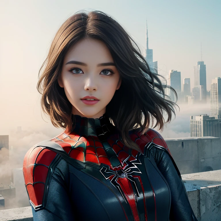 (1girl:1.3), Solo, (((Very detailed face)))), ((Very detailed eyes and face)))), Beautiful detail eyes, Body parts__, Official art, Unified 8k wallpaper, Super detailed, beautiful and beautiful, beautiful, masterpiece, best quality, original, masterpiece, super fine photo, best quality, super high resolution, realistic realism, sunlight, full body portrait, amazing beauty, dynamic pose, delicate face, vibrant eyes, (from the front), She wears Spider-Man suit, red and black color scheme, spider, very detailed city roof background, rooftop, overlooking the city, detailed face, detailed complex busy background, messy, gorgeous, milky white, highly detailed skin, realistic skin details, visible pores, clear focus, volumetric fog, 8k uhd, DSLR, high quality, film grain, fair skin, photo realism, lomography, futuristic dystopian megalopolis, translucent