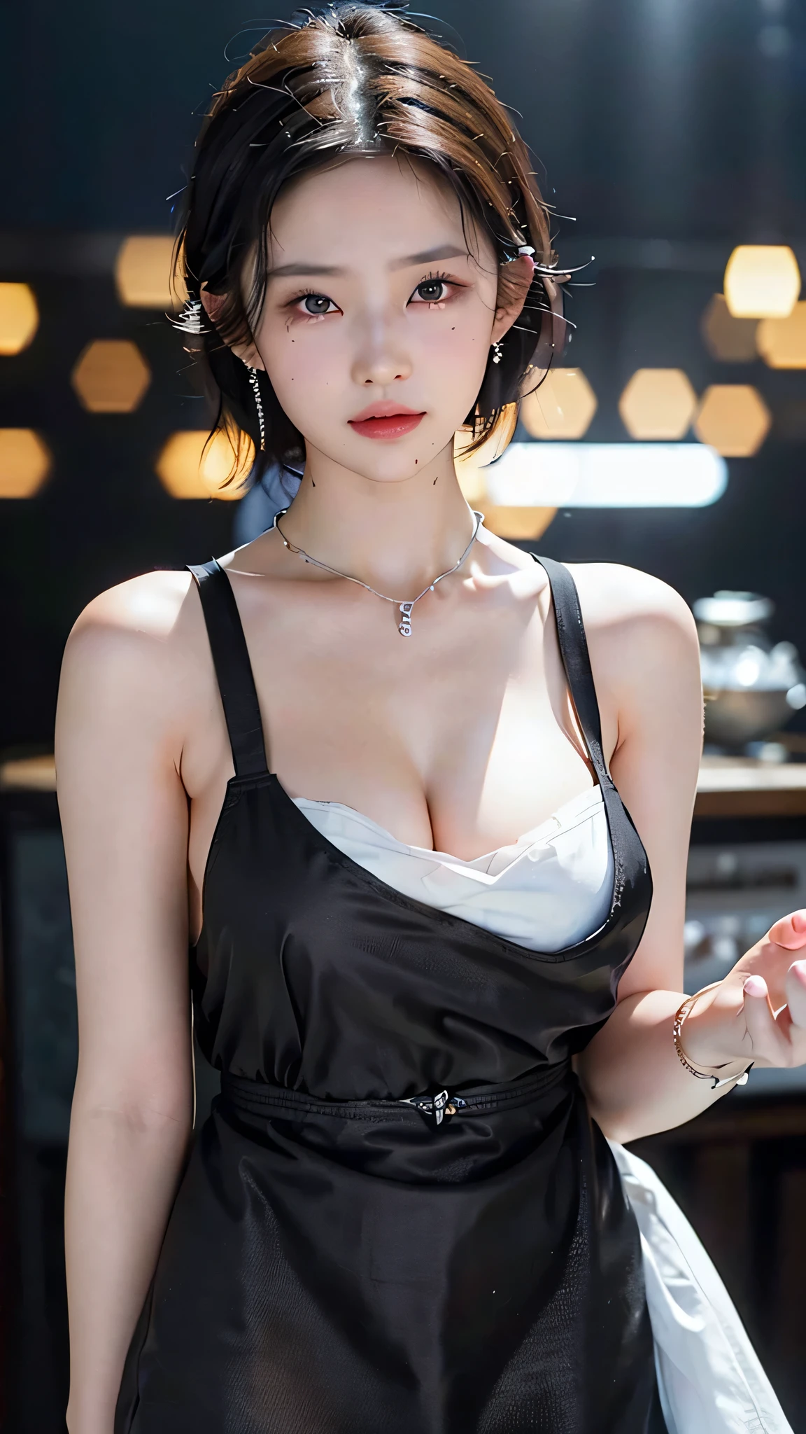 (Short hair woman), (Naked kitchen apron), (Black and apron), round chest, Deep understanding, best quality, masterpiece, illustration, Very delicate and beautiful, Very detailed skin, CG, Unity, 8k wallpaper, amazing, Fine details, highly detailed CG Unity 8k wallpaper, Huge file size, Very detailed, high resolution, Handsome and exquisite woman, Very detailed eyes and face, Amazingly detailed eyes, There is light on the face, (Best illustration: 1.1), (The best shadow: 1.1), ultra high resolution, (lifelike: 1.1), (lifelike 1.2:1.1), Real face proportions, Slim, Smile, , (fluffy black eyes: 1.21), black eyes, Looking at the audience, Dark brown hair, earrings, necklace, hairpin, Cowboy lens, (Irregular and irregular skin blemishes, vein, skin wrinkles pores: 1.2), (dark night background: 1.2), (Bokeh: 1.4),Close-up cleavage 1.2