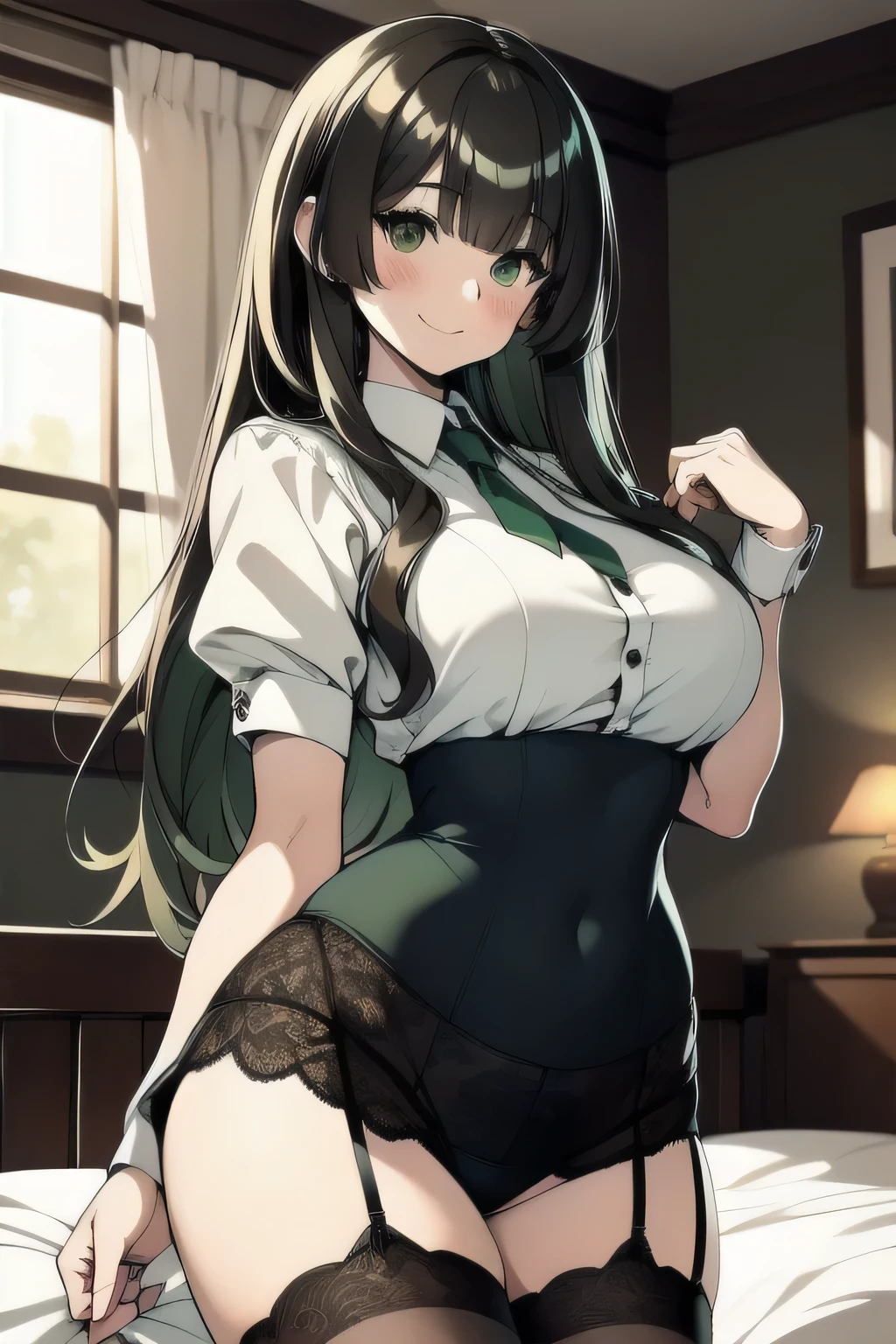 masterpiece, best quality, ultra-detailed, illustration, 1girl, ((looking at viewer)), (cowboy shot), smile, green eyes,long hair,blunt bangs,on bed,
collared shirt,shirt,skirt,small breast,long hair,long White stockings, empowered, beautiful, detailed,