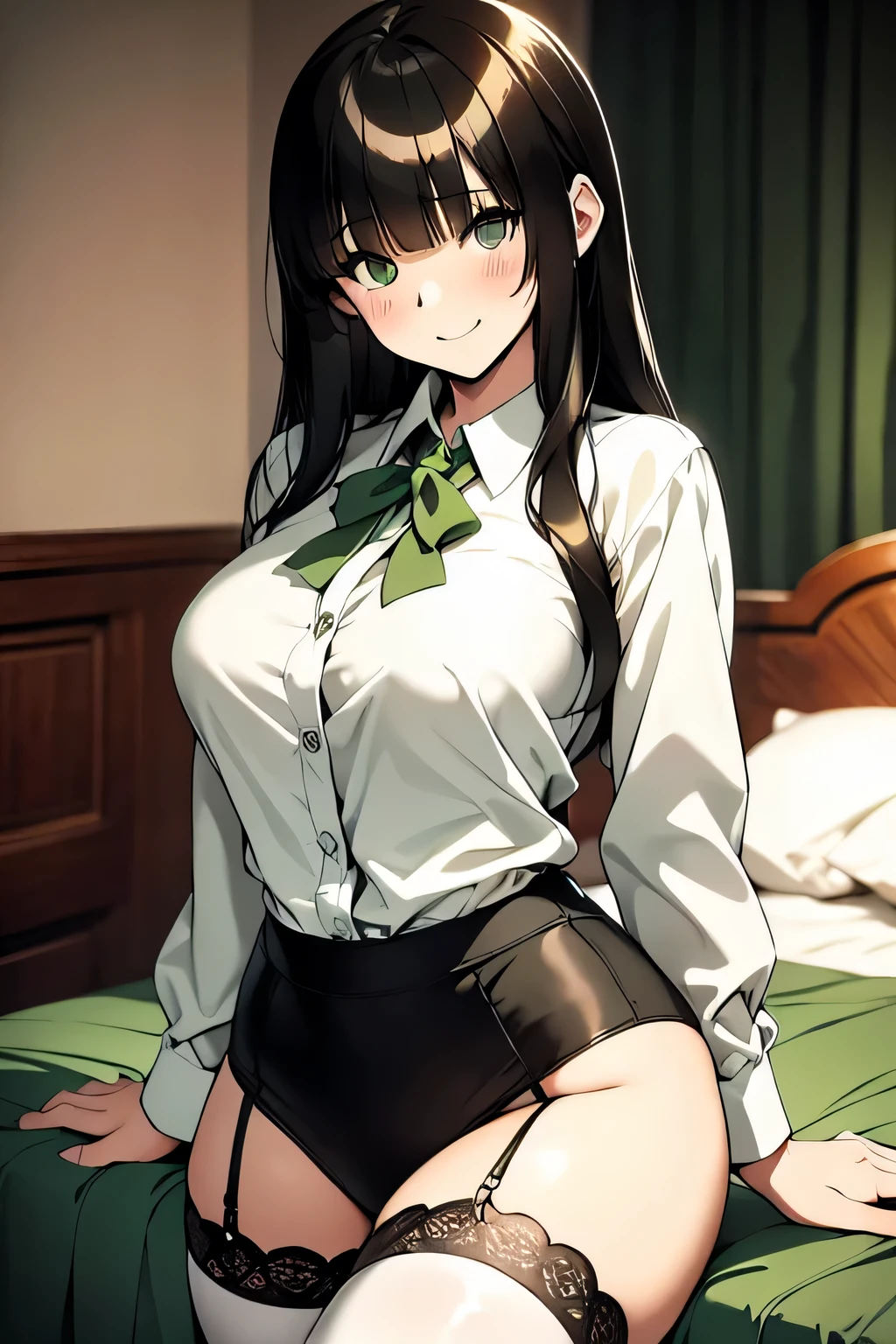 masterpiece, best quality, ultra-detailed, illustration, 1girl, ((looking at viewer)), (cowboy shot), smile, green eyes,long hair,blunt bangs,on bed,
collared shirt,shirt,skirt,small breast,long hair,long White stockings, empowered, beautiful, detailed,