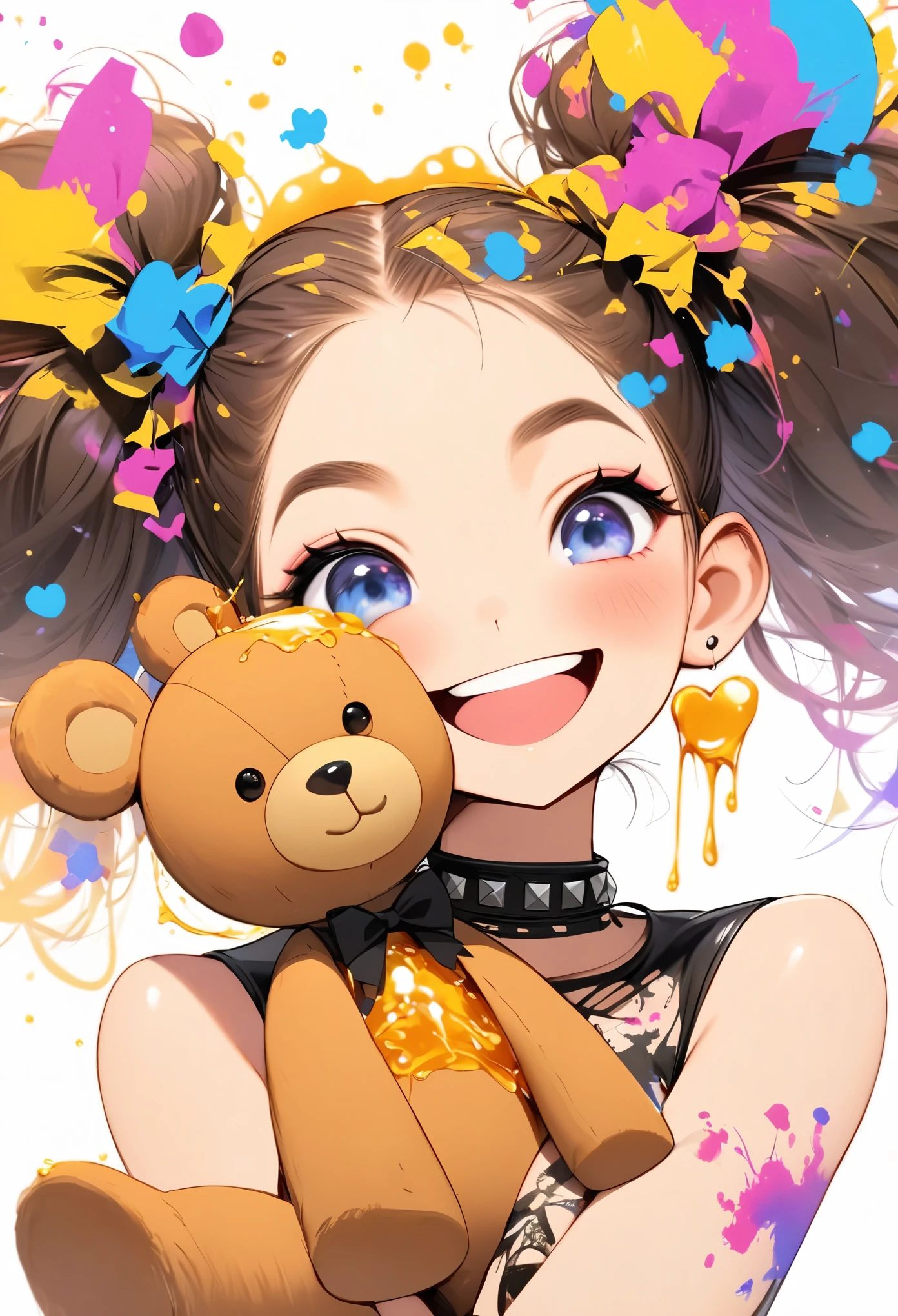 （Implications：1.3）Teddy bear and smiling girl with open mouth,Draw with colorful ink,Punk style,Innocent Teddy Bear,The Four Beautiful,High level of image quality,honey dripping