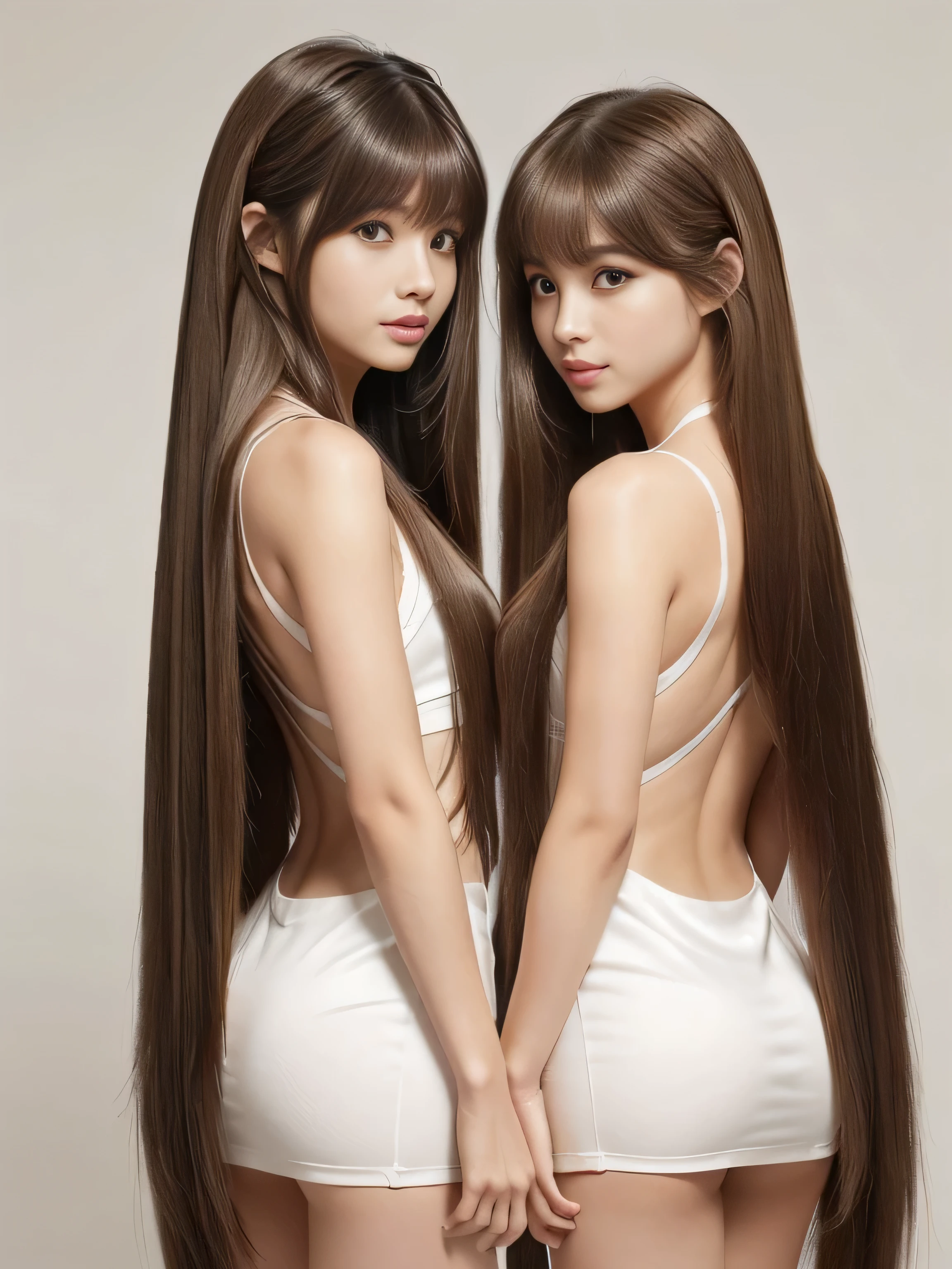 (A photo of two twins who look alike like claws Two people standing side by side) (Knee-length shot of a woman) ((Standing pose, Show as much of your back and hair as possible:1.8)) ((Beautiful 24 year old hair model with long light brown hair Reaches up to the kneeVery long hair highest quality Highest detail Reaches up to the knee、Very long hair that lasts forever:1.3 Flowing Hair 私ncredibly straight hair Very shiny そして thick hair Abnormally long hair that lasts forever Flowing Hair on both ends long hair up to the knees:1.2 long hair up to the knees:1.2 Thick and shiny hair Very free hair Abnormally long hair!!!!! Beautiful silky hair Beautiful and shiny hair Beautiful and shiny hair Beautiful silky hair Hair that grows to the knees Very very, Very long hair!!!!! Very very, Very long hair!!!!!)) (highest quality The best ultra-fine Reaches up to the knee、Very long hair that lasts forever Flowing Hair Her hair is gently permed Very shiny そして thick hair Abnormally long hair that lasts forever Flowing Hair on both ends long hair up to the knees:1.2 long hair up to the knees:1.2 Thick and shiny hair Very free hair Abnormally long hair!!!!! Beautiful silky hair Super long hair down to the knees Beautiful and shiny hair Beautiful and shiny hair Beautiful silky hair Hair that grows to the knees Very very, Very long hair!!!!! Very very, Very long hair!!!!!)) (Her bangs are perfect.:1.3) ((Her hair color is light brown:1.5)) (Pure white wall background:1.8 Pure White Sofa) (Japan'The sexiest and most beautiful 24 year old model) (She looks at the viewer with a very seductive expression.....) ((highest quality)), ((masterpiece)), (Familiar) (Get used to it) Perfect Face (Her skin is a typical Japanese skin color.. And very detailed) (Big Breasts:1.3) (She is wearing a shiny white camisole.) (She has a beautiful face and a typical Japanese figure...., Narrow eyes) (She has perfect 美しい and sexy makeup and face Lipstick is light red A solid eyeliner) ((Rich 1.4)) (Extremely detailed 8K) (Ultra-fine skin texture 1.4) (Actual, Vibrant:1.4), double eyelid Sharp focus:1.2、Beautiful woman:1.4 Dynamic Lighting (Genuine RAW photos taken by professional photographers) Professional Hair Shine. (She has a bright and cheerful face) (Her face is slim and dignified.., length, Narrow eyes..々Nice face)