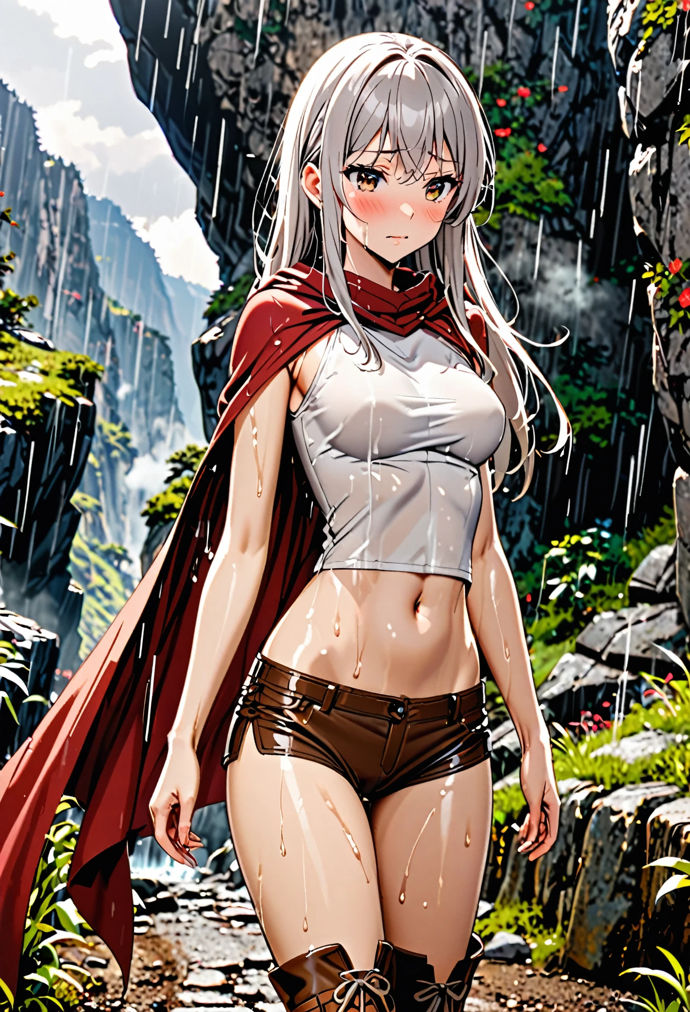 1 female,The perfect 25 years old,((ideal ratio body proportions:1.6,small head:1.7)),(tan skin),((high quality anime, 8k,masterpiece,Perfect Anatomy)),(beautiful detailed face and eyes,gorgeous eye:1.3,Almond Eyes),  BREAK   ,brown eyes,  BREAK  ,female knight、(silver hair),Straight long hair,bangs,shy,blush,Heavy breathing、  BREAK   ,cowboy shot,medium breasts,slender body,skinny,wet,  BREAK  ,Red cloak、A cropped sleeveless top in a rustic ecru color、Crop length、navel, Brown leather micro shorts、Brown leather long boots、walk、Mountaineering、　BREAK   ,Fantasy World、Steep mountain roads、heavy rain、rain、