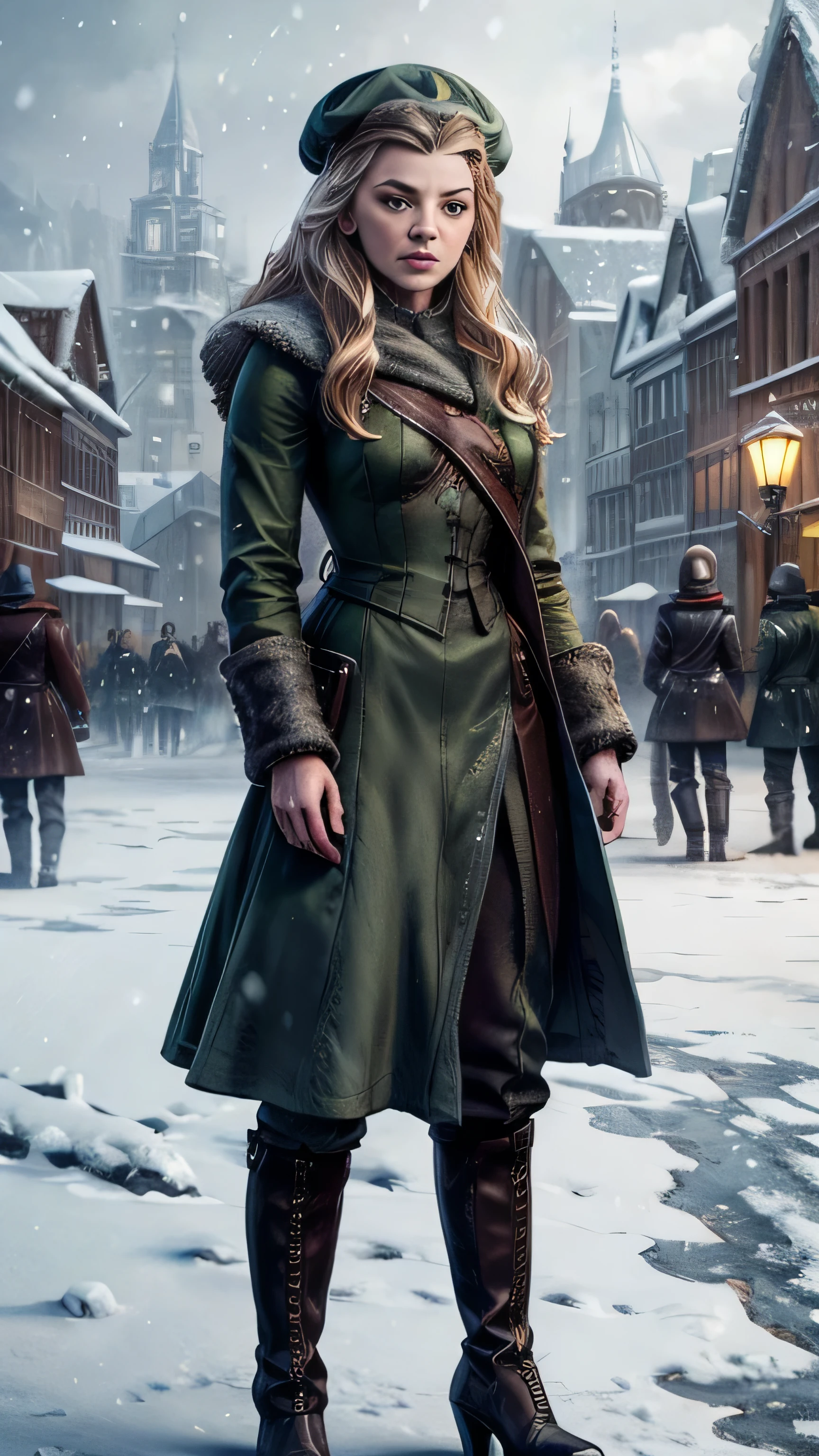 frostpunk, (Natalie Dormer) as Margaery Tyrell, green coat, hat, boots on heels, standing, in a street, winter, snow, (1woman), (solo), (full body view), beautiful detailed glow, detailed, cinematic light, intricate detail, realistic, highres, detailed facial features, high detail, sharp focus, smooth, aesthetic, extremely detailed, stamp, octane render