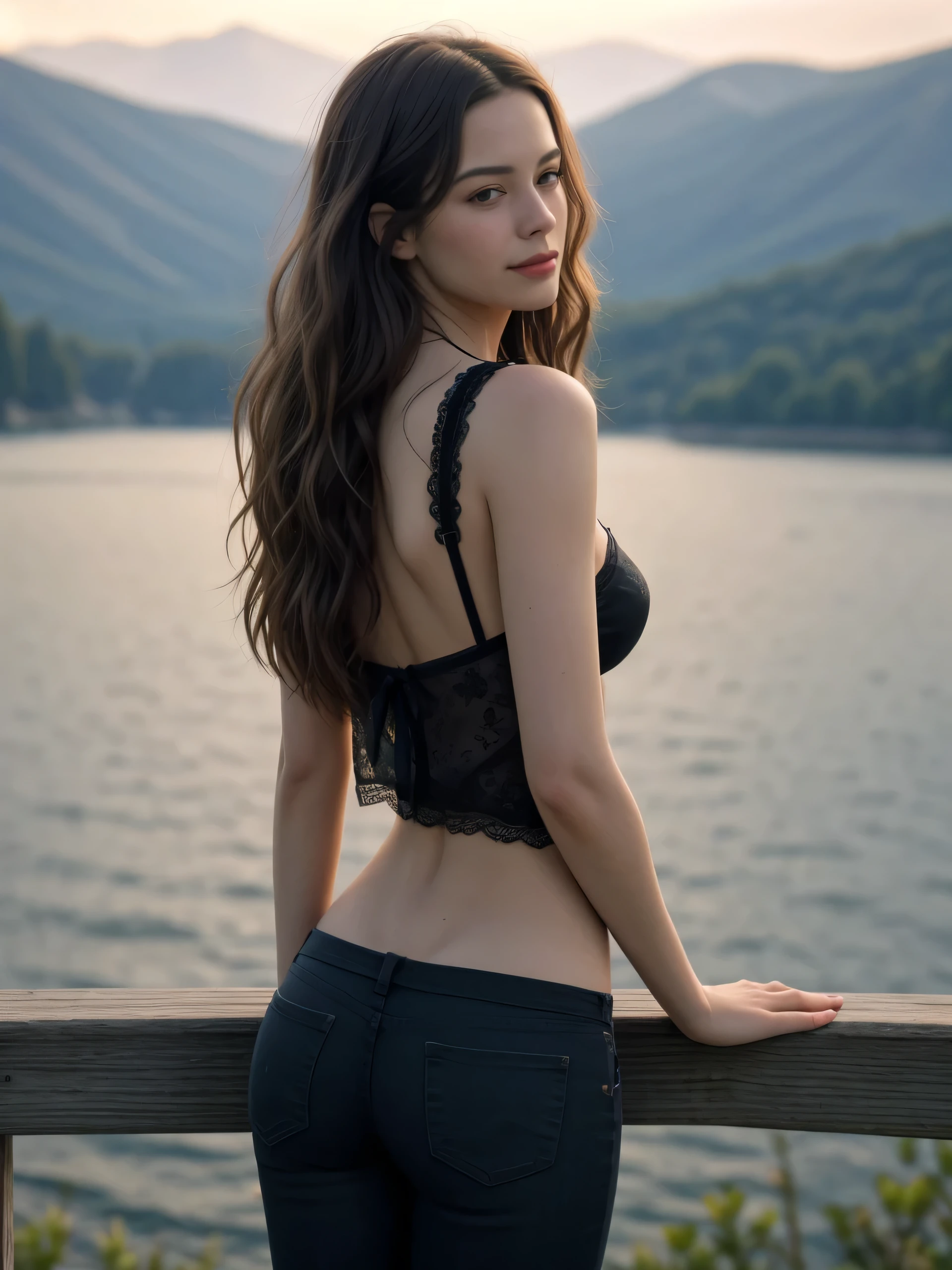 (Best quality, photorealistic, reality, realistic detail), from back, rendered with Unreal-engine 5.2, A beautiful young girl, looking alike Kaya Scodelario, wavy messy hair, (slim body proportions :1.3), lean figure, medium breasts, delicate face, ((wearing black lace camisole shirt and distressed tight pants)), outdoor, lake, mountains, sunset, rays of shimmering light, looking to the side, happy smirk.