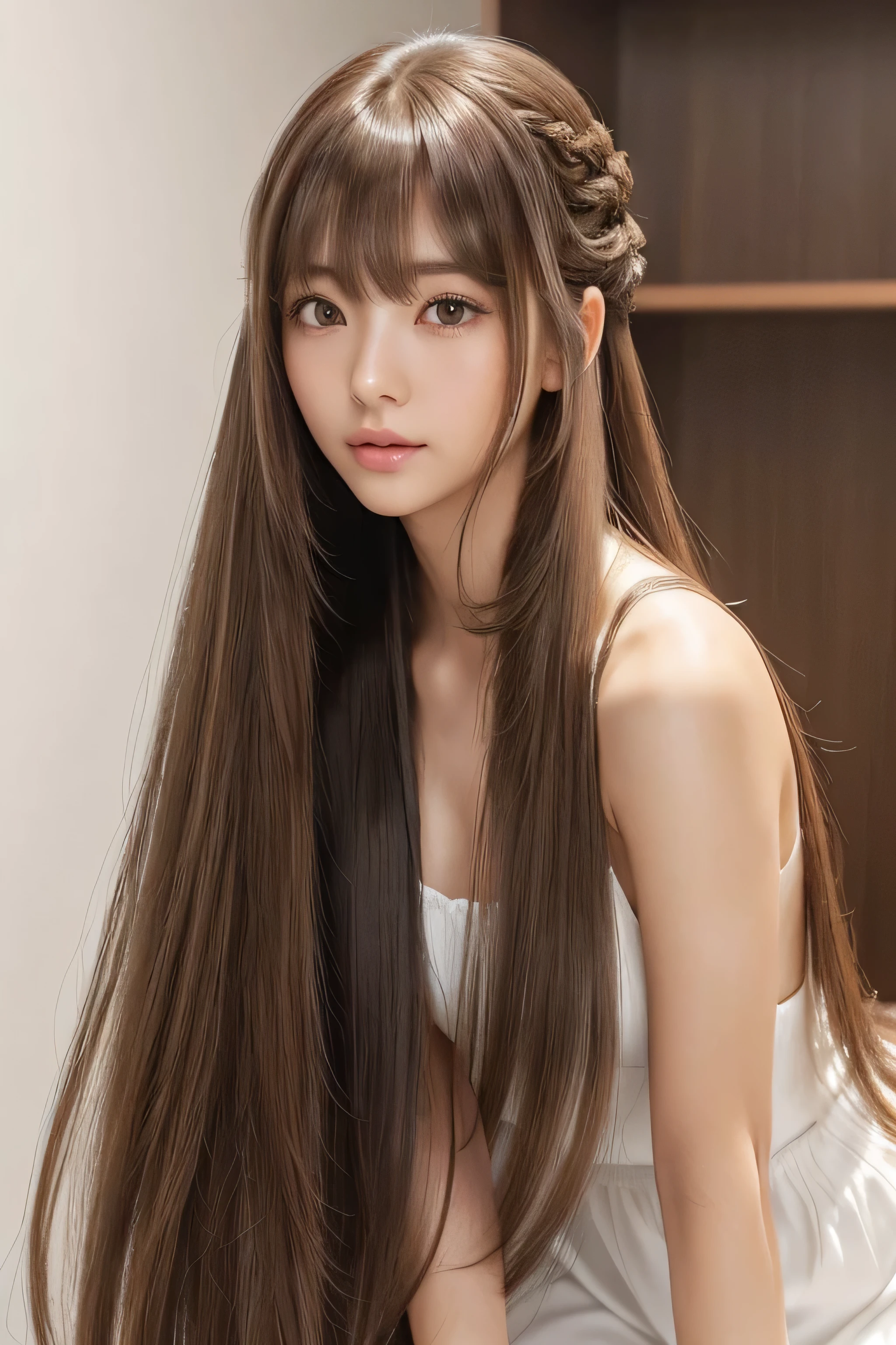 (Photo of nearly cloned twins Two people standing side by side) (Knee-length shot of a woman) ((Standing pose, Show as much of your back and hair as possible)) ((Beautiful 24 year old hair model with long light brown hair Fell straight down Reaches up to the kneeVery long hair highest quality Highest detail Reaches up to the knee、Very long hair that lasts forever:1.3 Flowing Hair 私ncredibly straight hair Very shiny そして thick hair Abnormally long hair that lasts forever Flowing Hair on both ends long hair up to the knees:1.2 long hair up to the knees:1.2 Thick and shiny hair Very free hair Abnormally long hair!!!!! Beautiful silky hair Beautiful and shiny hair Beautiful and shiny hair Beautiful silky hair Hair that grows to the knees Very very, Very long hair!!!!! Very very, Very long hair!!!!!)) (highest quality The best ultra-fine Reaches up to the knee、Very long hair that lasts forever Flowing Hair Her hair is gently permed Very shiny そして thick hair Abnormally long hair that lasts forever Flowing Hair on both ends long hair up to the knees:1.2 long hair up to the knees:1.2 Thick and shiny hair Very free hair Abnormally long hair!!!!! Beautiful silky hair Super long hair down to the knees Beautiful and shiny hair Beautiful and shiny hair Beautiful silky hair Hair that grows to the knees Very very, Very long hair!!!!! Very very, Very long hair!!!!!)) (Her bangs are perfect.:1.3) ((Her hair color is light brown:1.5)) (Pure white wall background:1.8 Pure White Sofa) (Japan'The sexiest and most beautiful 24 year old model) (She looks at the viewer with a very seductive expression......) ((highest quality)), ((masterpiece)), (Familiar) (Get used to it) Perfect Face (Her skin is a typical Japanese skin color.. And very detailed) (Big Breasts:1.3) (She is wearing a shiny white camisole.) (She has a beautiful face and a typical Japanese figure...., Narrow eyes) (She has perfect 美しい and sexy makeup and face Lipstick is light red A solid eyeliner) ((Rich 1.4)) (Extremely detailed 8K) (Ultra-fine skin texture 1.4) (Actual, Vibrant:1.4), double eyelid Sharp focus:1.2、Beautiful woman:1.4 Dynamic Lighting (Genuine RAW photos taken by professional photographers) Professional Hair Shine. (She has a bright and cheerful face) (Her face is slim and dignified.., length, Narrow eyes..々Nice face)