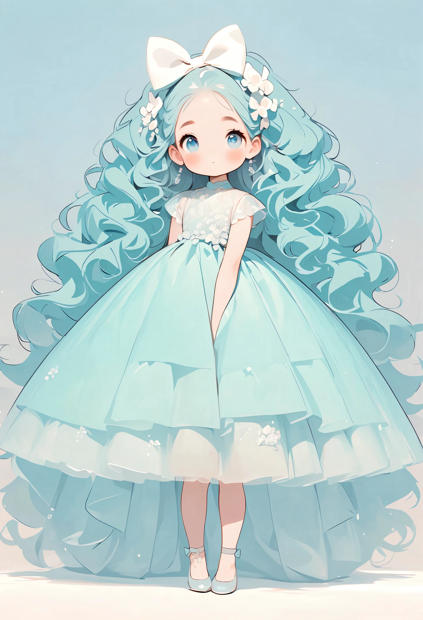 High quality design vector style image, cute ***********。huge long hair。curls。Large turquoise colored eyes。 Full Body Love：1.2，vector image.