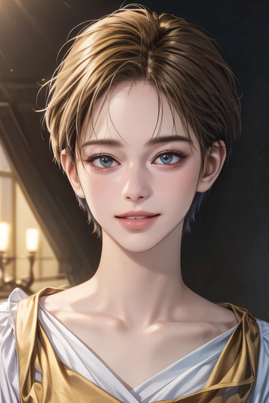 (NSFW:-1), (masterpiece:1.3), (8k, photorealistic, RAW photo, best quality: 1.4), 
cinematic lighting, 
(1boy), beautiful face, (realistic face), 
beautiful hairstyle, (short hair :1.5),
realistic eyes, beautiful detailed eyes, 
(realistic skin), beautiful skin, 
(blouse), 
absurdres, attractive, 
ultra high res, ultra realistic, highly detailed, 
golden ratio, 
yamamotomaika, smiling, teeth out, 
