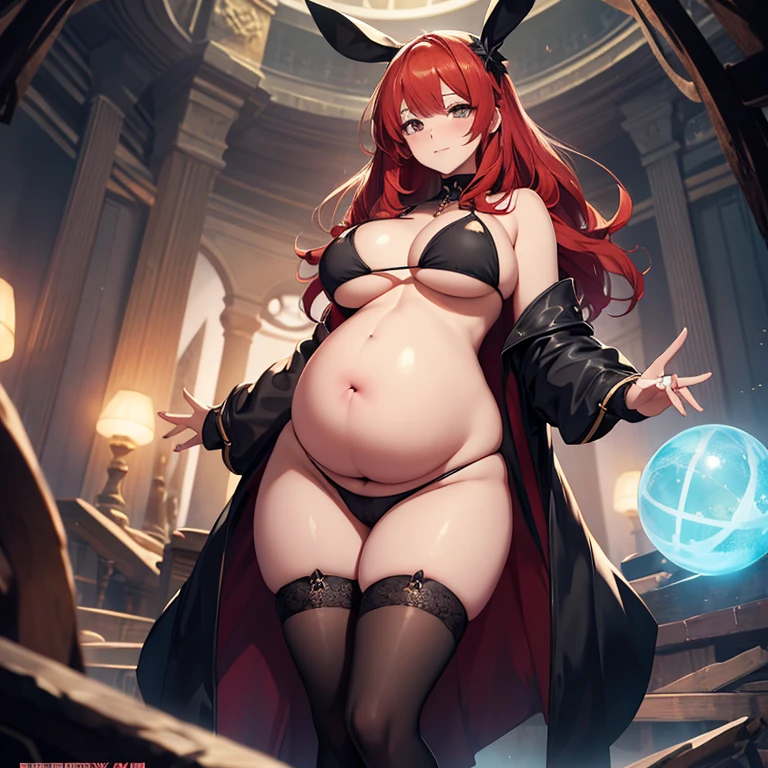 Beautiful pregnant female sorceress, black bikini and stockings, mature, intimidating, pregnant belly, bouncy belly, jiggly fat round belly, bunny ears, red hair 