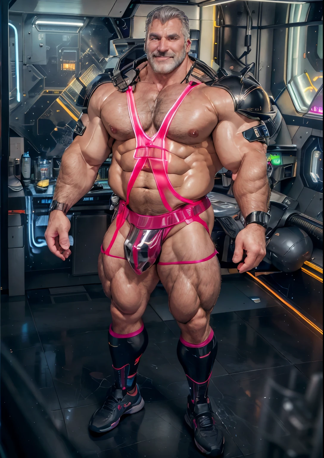 full body portrait, strong burly hairy mature older man(space captain), wearing futuristic captain's uniform insignia (neon and black) (open and revealing) (latex) , gray hair, broad shoulders, round belly, bulging micro thong, scifi spaceship captain uniform, neon lights, best quality elegant masterpiece, military buzzcut, dark mustache, gray stubble, latex, wearing a latex thong, big bulging crotch, futuristic gear equipment, wearing see through plastic chest armor (neon yellow and electric blue), wearing neon yellow see through chest armor, wearing electric blue latex chaps(see-through) , wearing cool neon sneakers,in spaceship cockpit, lying in spaceship sleeping quarters(bed) (view from above), smiling with teeth showing, nicebulge, waiting in bed, glowing armor, legs up(!) and spread(!) , big muscle ass, wet and dripping ass, hairy pecs, thick long legs, silver hair