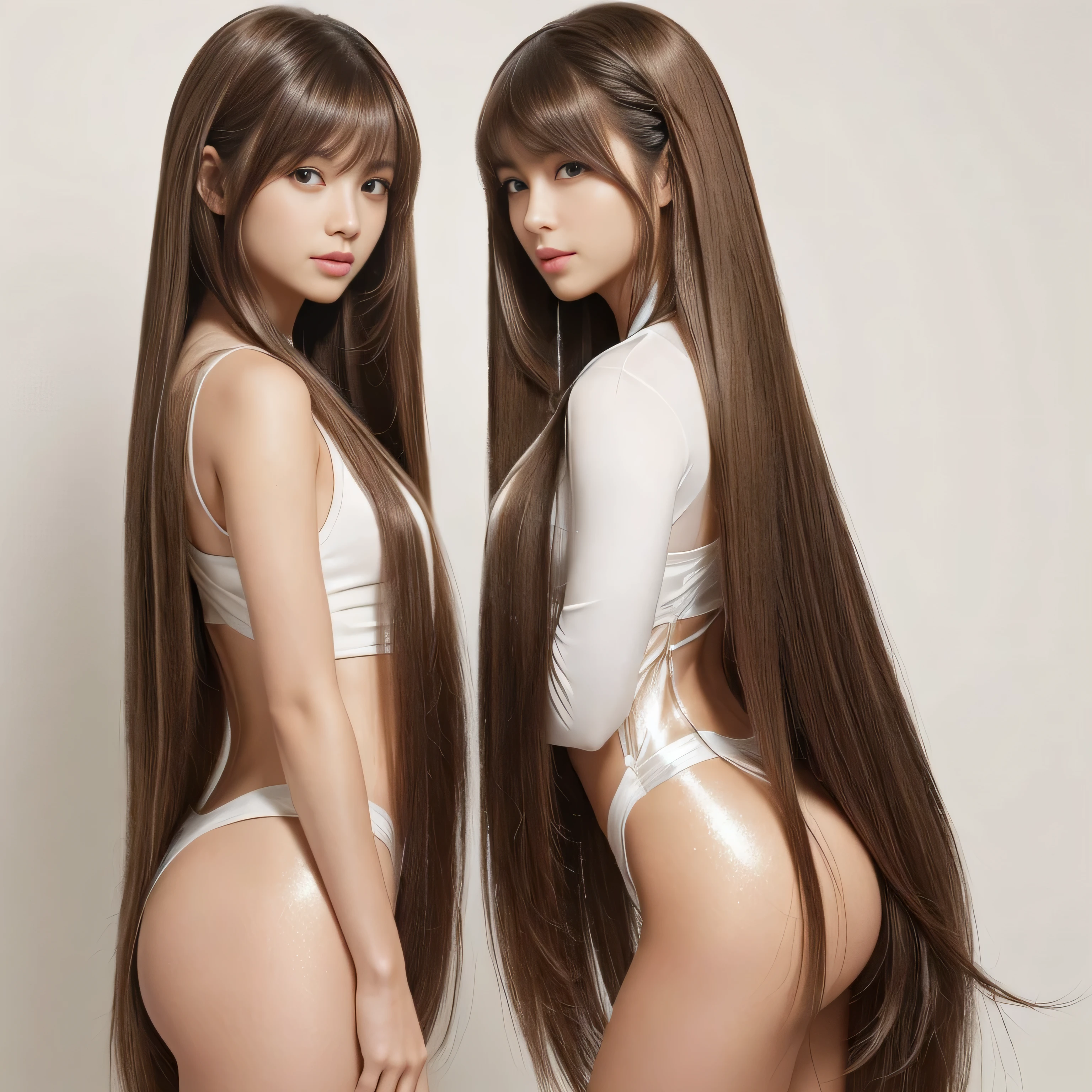 (Photos of twins who look as alike as fingernails Two people standing side by side) (Knee-length shot of a woman) ((Standing pose, Show as much of your back and hair as possible:1.4)) ((Beautiful 24 year old hair model with long light brown hair Fell straight down Reaches up to the kneeVery long hair highest quality Highest detail Reaches up to the knee、Very long hair that lasts forever:1.3 Flowing Hair 私ncredibly straight hair Very shiny そして thick hair Abnormally long hair that lasts forever Flowing Hair on both ends long hair up to the knees:1.2 long hair up to the knees:1.2 Thick and shiny hair Very free hair Abnormally long hair!!!!! Beautiful silky hair Beautiful and shiny hair Beautiful and shiny hair Beautiful silky hair Hair that grows to the knees Very very, Very long hair!!!!! Very very, Very long hair!!!!!)) (highest quality The best ultra-fine Reaches up to the knee、Very long hair that lasts forever Flowing Hair Her hair is gently permed Very shiny そして thick hair Abnormally long hair that lasts forever Flowing Hair on both ends long hair up to the knees:1.2 long hair up to the knees:1.2 Thick and shiny hair Very free hair Abnormally long hair!!!!! Beautiful silky hair Super long hair down to the knees Beautiful and shiny hair Beautiful and shiny hair Beautiful silky hair Hair that grows to the knees Very very, Very long hair!!!!! Very very, Very long hair!!!!!)) (Her bangs are perfect.:1.3) ((Her hair color is light brown:1.5)) (Pure white wall background:1.8 Pure White Sofa) (Japan'The sexiest and most beautiful 24 year old model) (She looks at the viewer with a very seductive expression......) ((highest quality)), ((masterpiece)), (Familiar) (Get used to it) Perfect Face (Her skin is a typical Japanese skin color.. And very detailed) (Big Breasts:1.3) (She is wearing a shiny white camisole.) (She has a beautiful face and a typical Japanese figure...., Narrow eyes) (She has perfect 美しい and sexy makeup and face Lipstick is light red A solid eyeliner) ((Rich 1.4)) (Extremely detailed 8K) (Ultra-fine skin texture 1.4) (Actual, Vibrant:1.4), double eyelid Sharp focus:1.2、Beautiful woman:1.4 Dynamic Lighting (Genuine RAW photos taken by professional photographers) Professional Hair Shine. (She has a bright and cheerful face) (Her face is slim and dignified.., length, Narrow eyes..々Nice face)