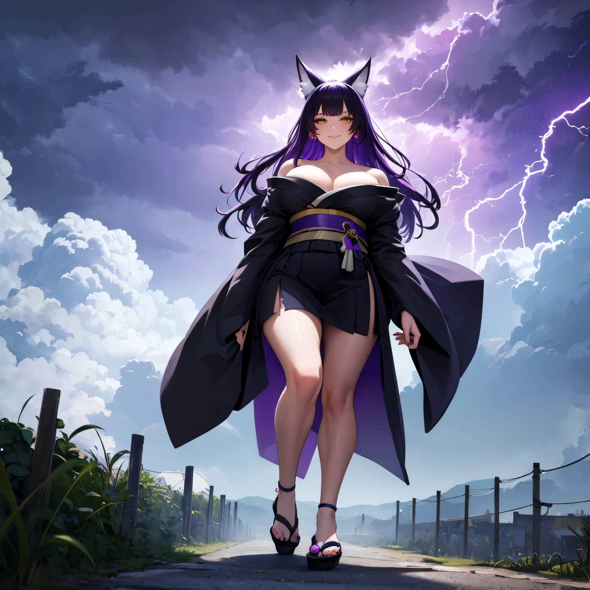 A woman wearing a traditional black yukata, traditional Japanese shoes, bare shoulders, large breasts, yellow eyes, dark purple hair, long hair, kitsune ears, walking in an open area with a cloudy sky. sky with storm, purple lightning in the sky giving purple lightning in the sky, full body, smiling, drop shadow, atmospheric perspective, flourish, 8k, super detail, accurate, best quality, UHD, anatomically correct, textured skin, high quality, high resolution , best quality (solo woman)