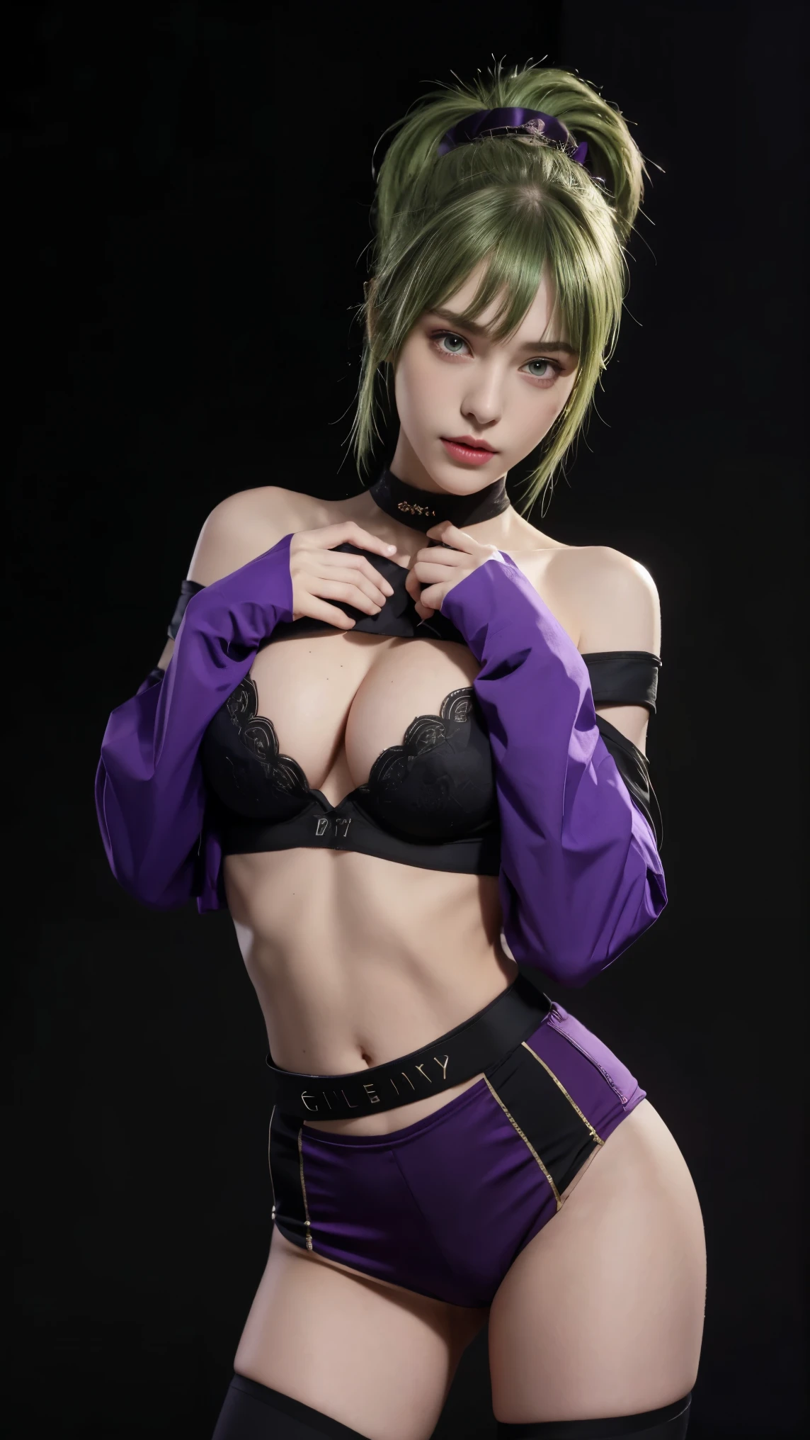 8K, Top Quality, Intricate Details, Ultra Detail, Ultra High Resolution, Masterpiece, close up shot, (full body: 1.1), Slender, Smile, (Makeup: 0.4), (Fluffy purple Eyes: 1.21), (()), 1girl, solo, 1 girl, ((green hair, bangs, high ponytail)), close up shot, , ((tall)), (((fit body))), (((slim face))), sharp face, (()) ,(detailed face), sharp face, small lips, ,
((,sport bra, hot pants, armor, bare shoulders, black gloves, cropped jacket, off shoulder, partially fingerless gloves, purple jacket )), , ((,)),detailed face, detailed breast, , ((large breast, huge breast )), , Narrow Waist, Skinny, tall , 175 cm tall, Muscular, Navel, Exposed Abdomen, Pointed Chest,, Beautiful girl with accentuated slender abs: 1.4, Six Pack Abs: 1.4, Bust Botox, Big, Perfect Body, detail leg, (( dark background)), black background,