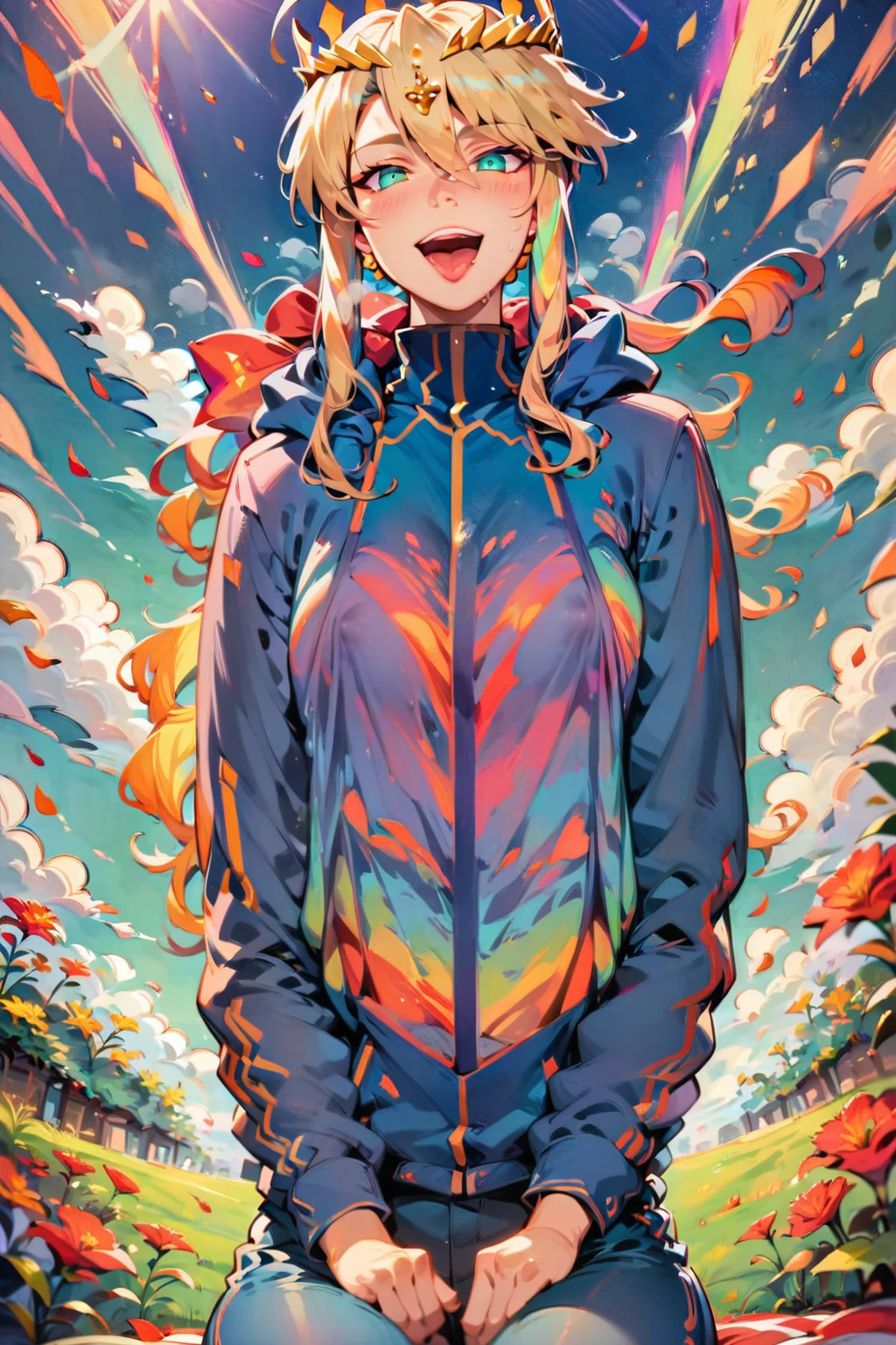 (score_9, score_8_up, score_7_up, score_6_up, score_5_up, score_4_up:1.5), (masterpiece, bestquality, very aesthetic, absurdres, newest, ai-generated), (anime screencap, illustration:1.3), (human forcus, 1girl, fullbody:1.2), (looking at viewer, front view, Contrapposto pose), (sitting, wariza), (blue sky, picnic, flower garden), (Post-production, Raytracing, Ambient Occlusion, Bloom, Chromatic Aberration, Lens Flare, Depth of Field, Global Illumination, Reflection), (cinematic lighting), (shiny Specular, shiny highlights, Dispersion high light, prism high light), (SLR shot, wide angle lens, dynamic perspective, bokeh, dynamic angle, dynamic idol shot, depth of field, glowing bokeh light, emotional atmosphere), (Transparent hair, shiny skin, shiny body, shiny hair, oily skin, oily body, oily hair, glowing eyes, sweaty, steam, heat, shame, blush), (fullbody costumes, Casual clothes, short pants, pants thong, shirt), (Smiling happily, Well-behaved, pure), (Artoria Pendragon (Lancer) \(fate grand order\)), (fellatio gestue, tongue out, open mouth), (False nipples),