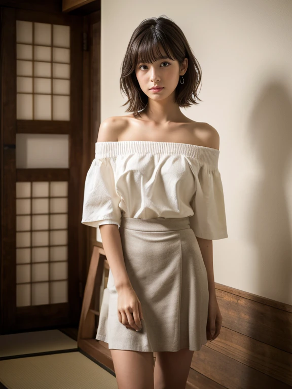 (highest quality, masterpiece, Ultra-high resolution:1.2), (Photorealistic:1.3), (RAW Photos:1.3), 8k, 16k, 32k, 1 girl, Ultra-high resolution, Professional artwork, Very detailed, Complex, Detailed face, 1 girl, (Japanese Girls:1.3), (alone, whole body, Wide Shot, 18-year-old:1.3), short hair, Boyish pose, Off the shoulder、skirt、Sit with your knees up、Bare legs