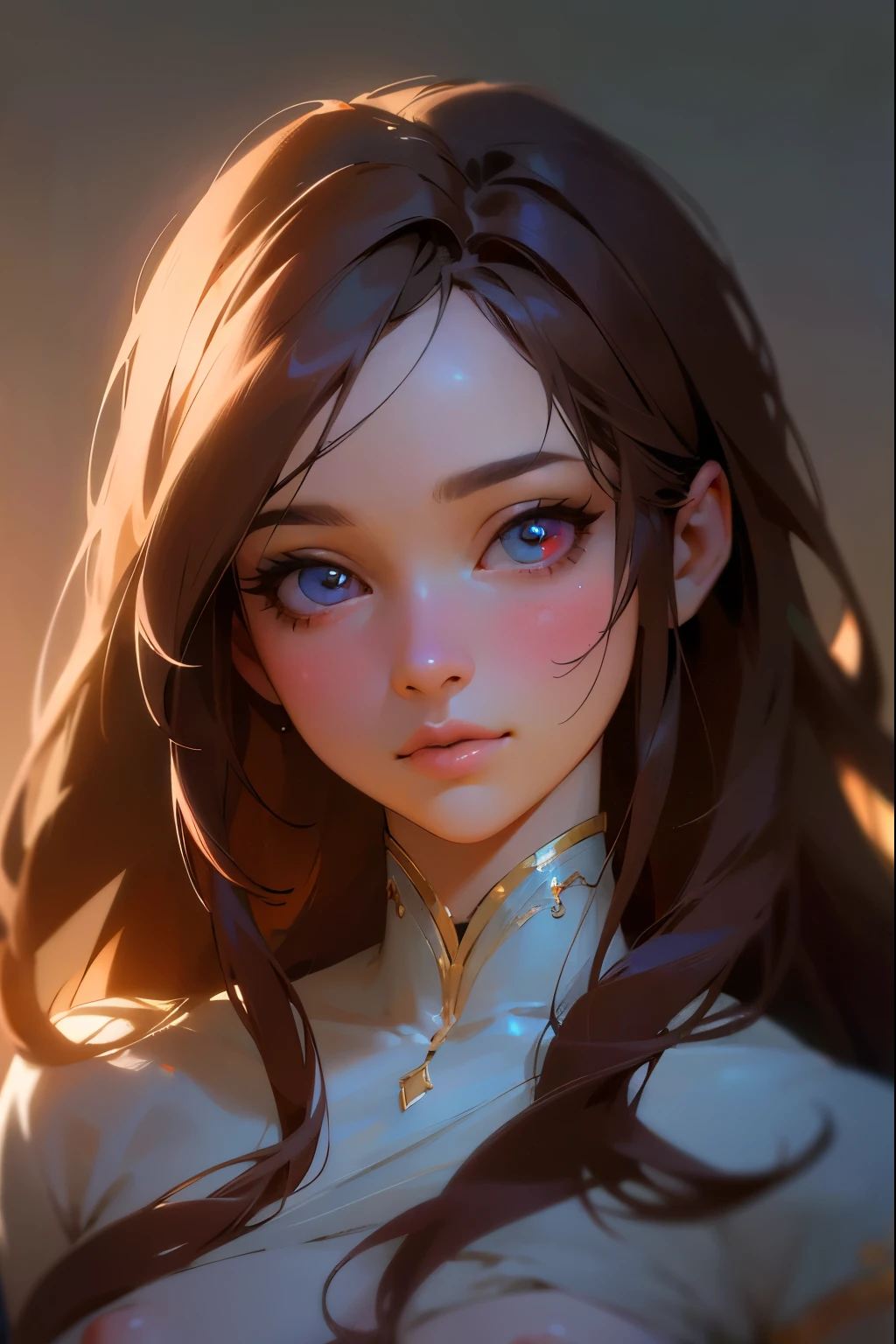 (best quality,4k,highres,masterpiece:1.2),ultra-detailed,(realistic,photorealistic,photo-realistic:1.37),anime girl,nipples exposed,beautiful detailed eyes,beautiful detailed lips,soft facial features,feminine appearance,long eyelashes,dark flowing hair,innocent expression,playful and confident pose,blurred background,HDR,vivid colors,soft and delicate brushstrokes,ethereal lighting,colorful and vibrant palette