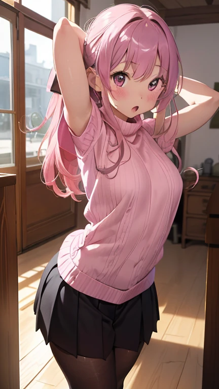 masterpiece、highest quality、Very detailed、Photograph the upper body、1 female、(Put your arms behind your back:1.4)、Are standing、Turn your body forward、View your viewers、(pink ribbed sweater)、break,blush、shy、Pink Hair、Open your mouth、living room、Big Breasts、